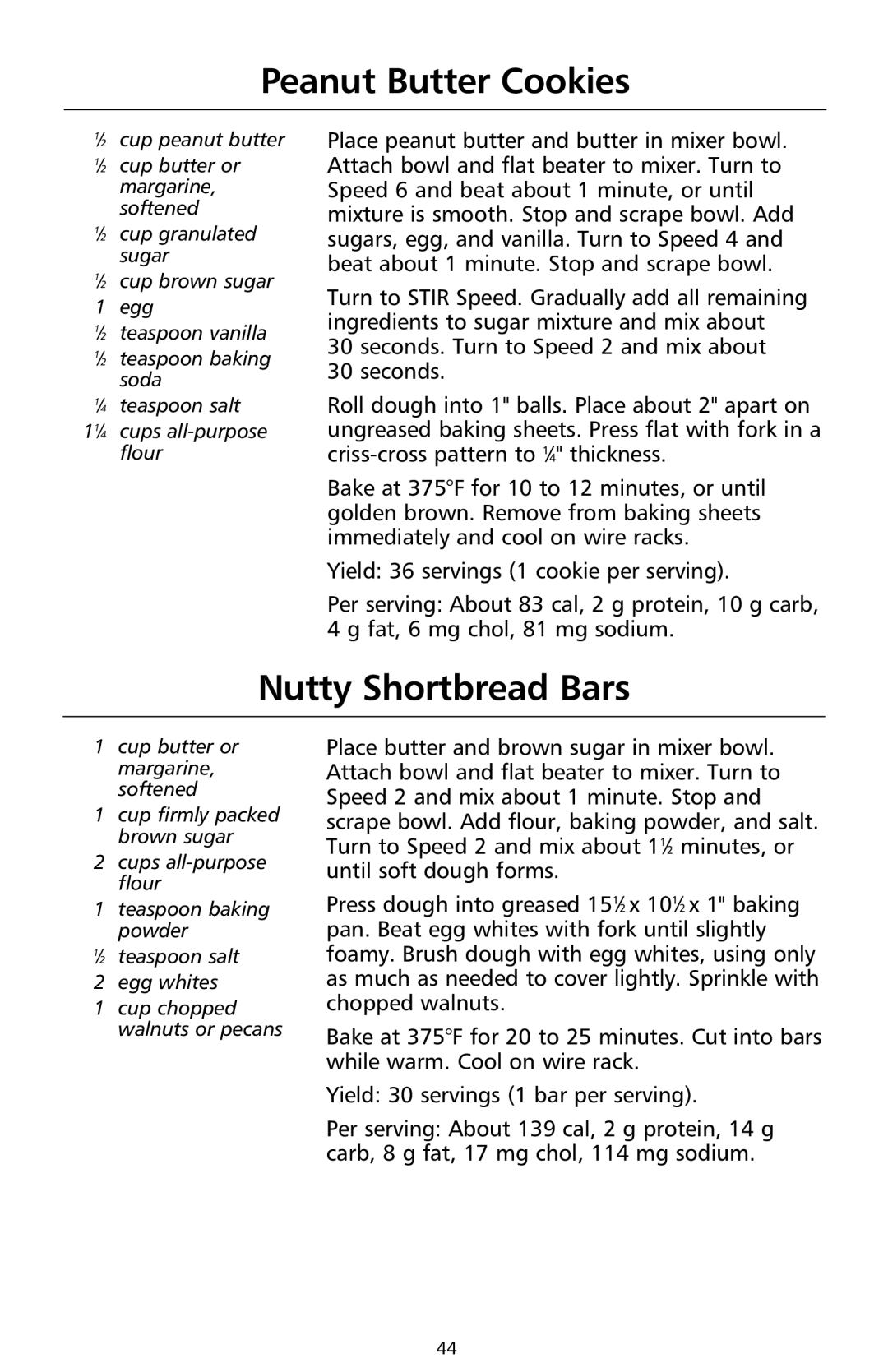 KitchenAid 9708307C manual Peanut Butter Cookies, Nutty Shortbread Bars 