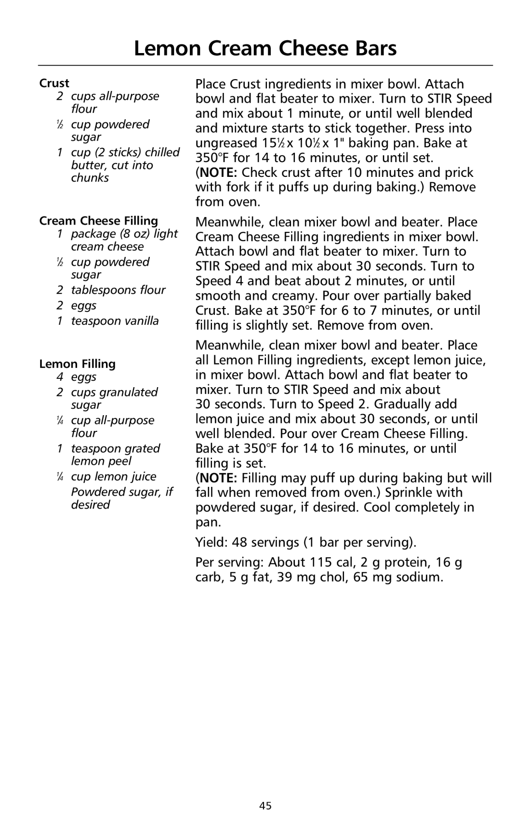 KitchenAid 9708307C manual Lemon Cream Cheese Bars, Crust, Cream Cheese Filling 