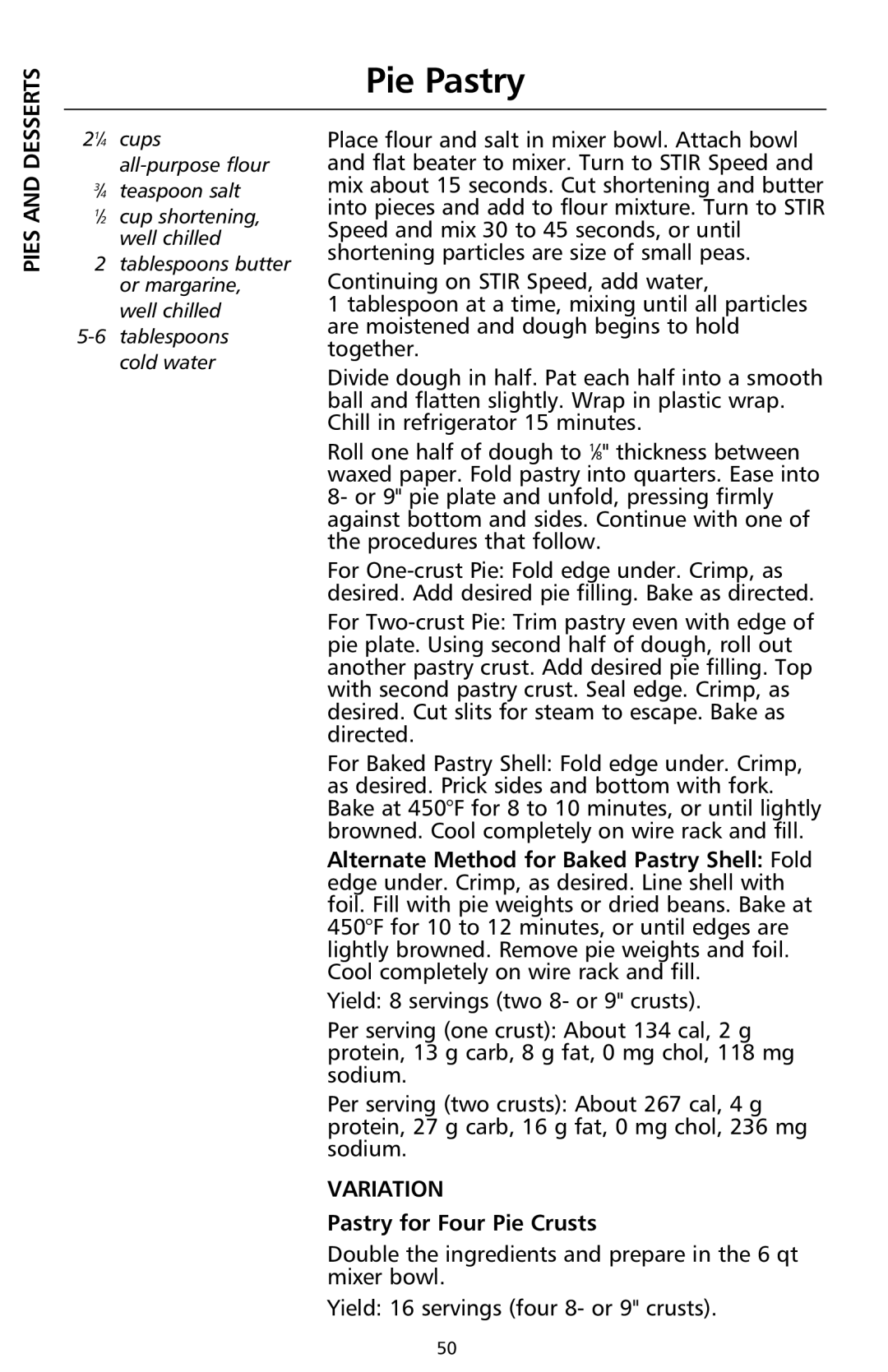 KitchenAid 9708307C manual Pie Pastry, Pastry for Four Pie Crusts 