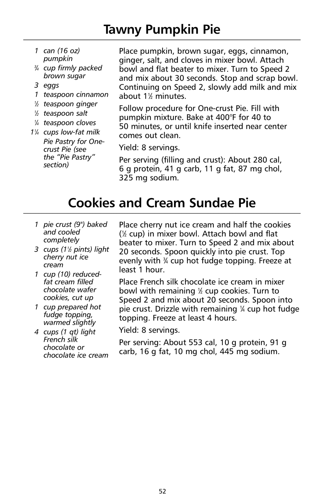 KitchenAid 9708307C manual Tawny Pumpkin Pie, Cookies and Cream Sundae Pie 