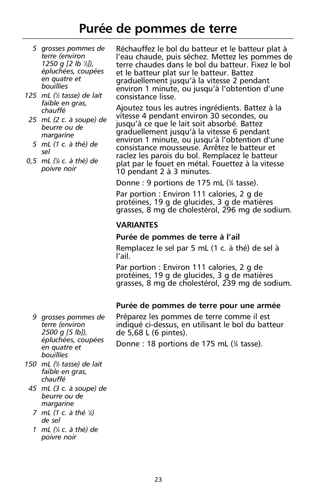 KitchenAid 9708308B manual Variantes, Purée de pommes de terre à l’ail, Purée de pommes de terre pour une armée 