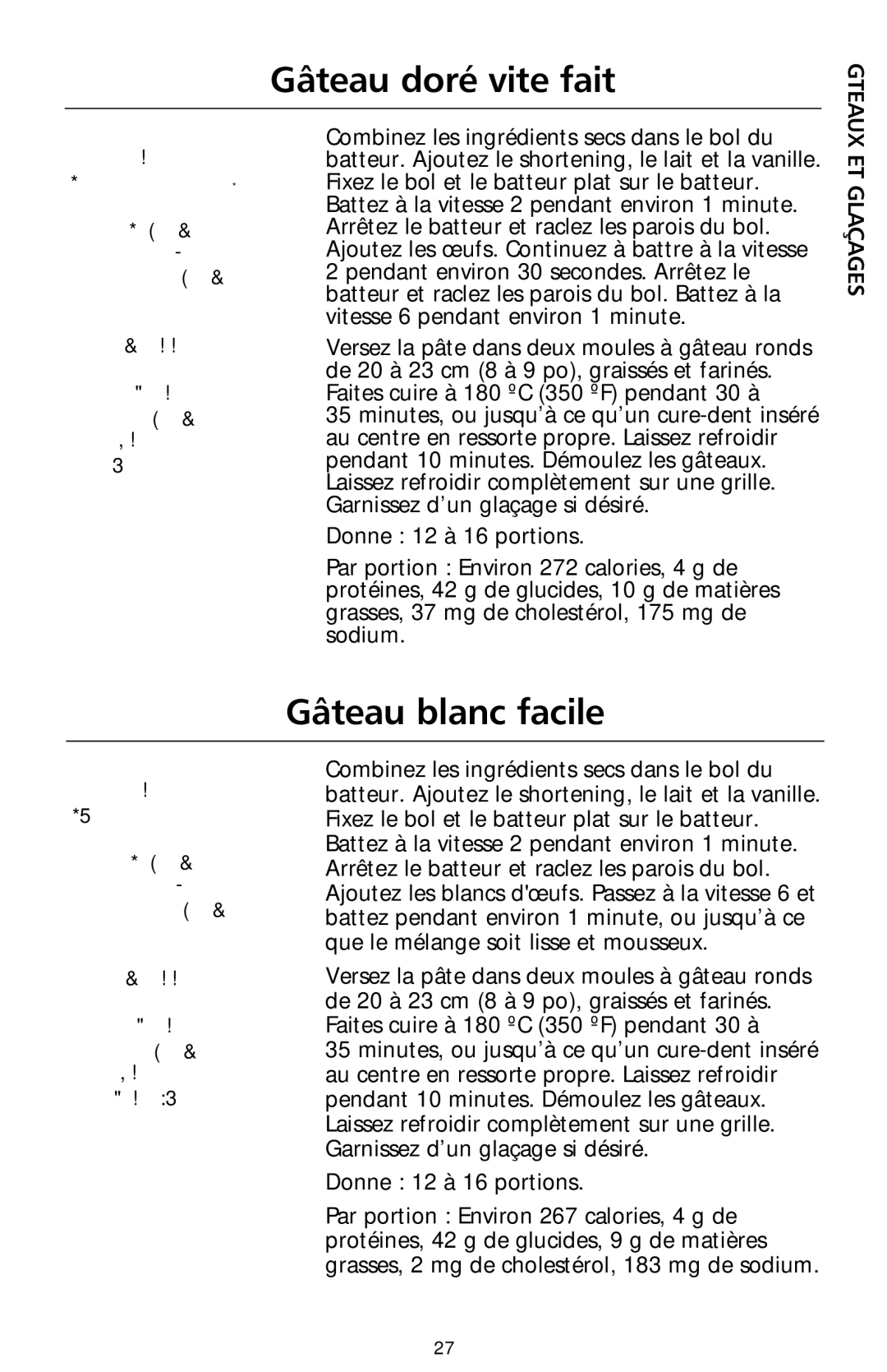 KitchenAid 9708308B manual Gâteau doré vite fait, Gâteau blanc facile, ET Glaçages 