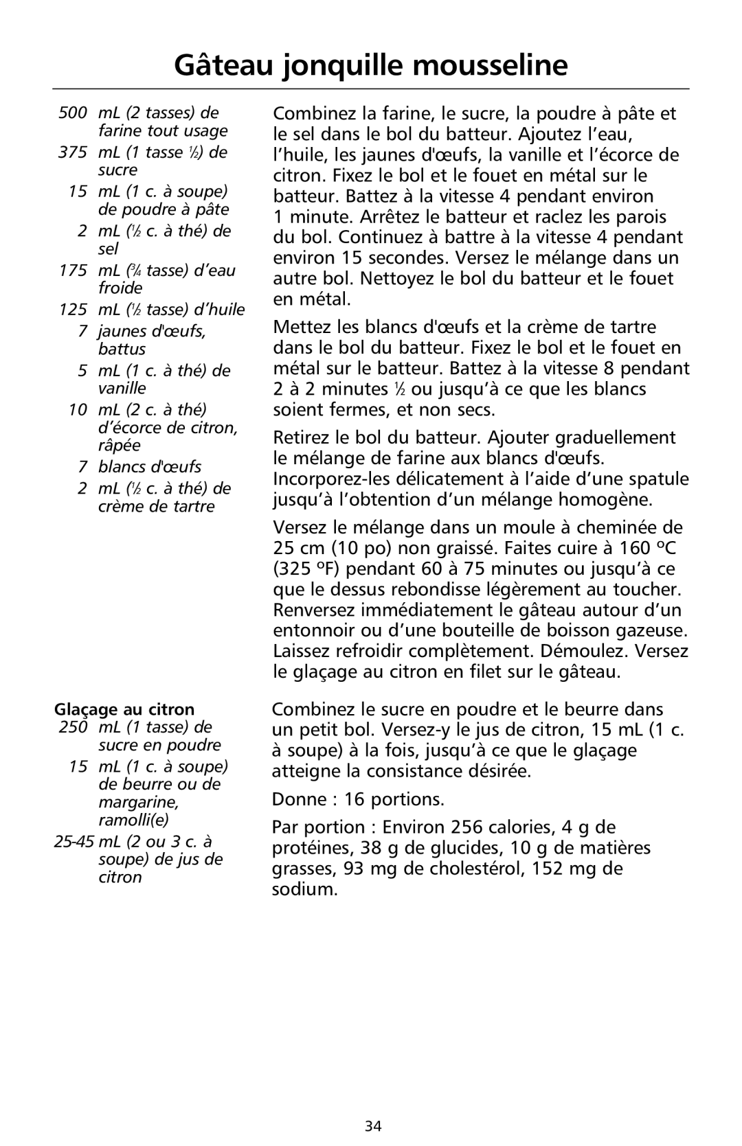 KitchenAid 9708308B manual Gâteau jonquille mousseline, Glaçage au citron 