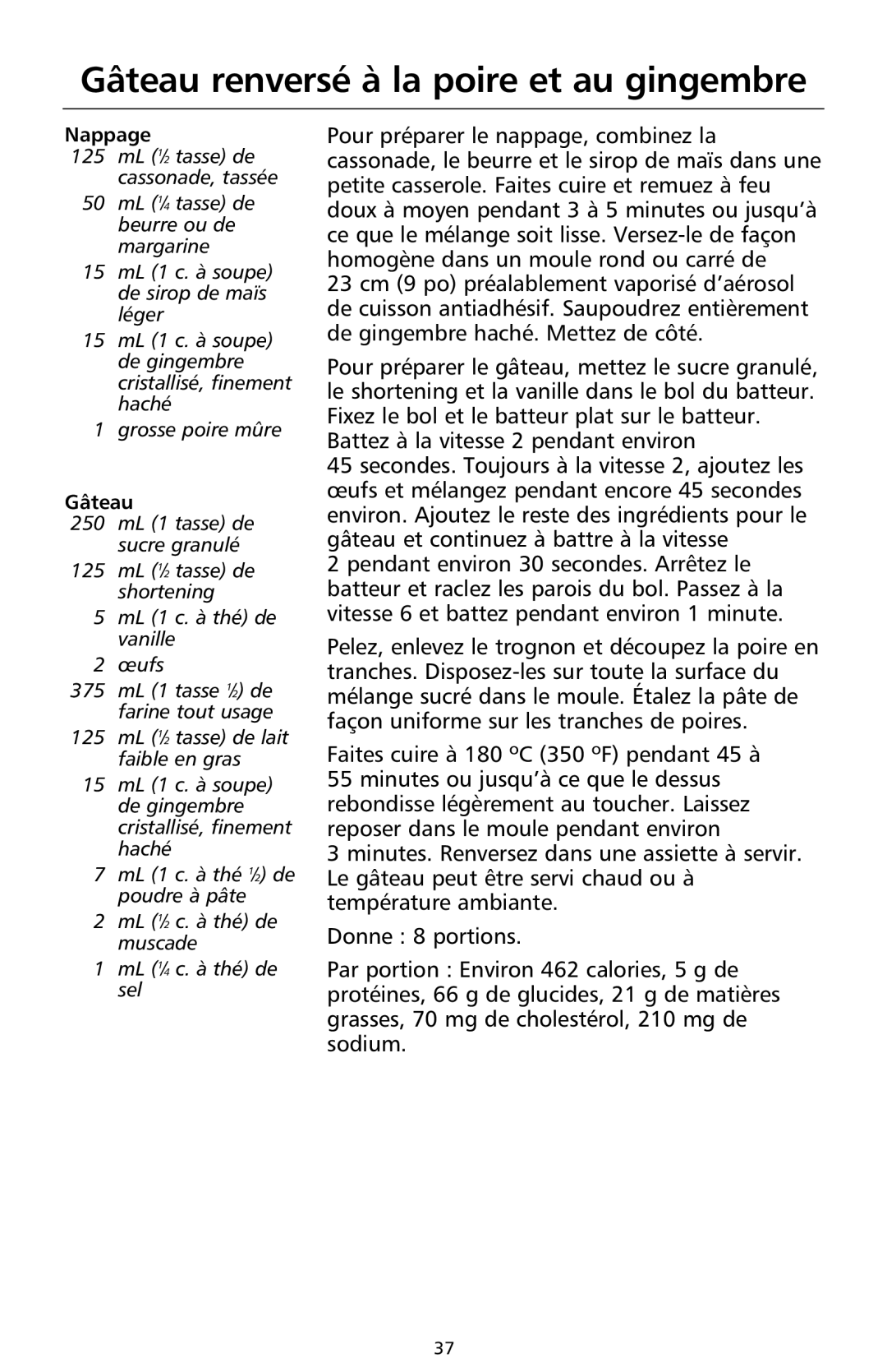 KitchenAid 9708308B manual Gâteau renversé à la poire et au gingembre 