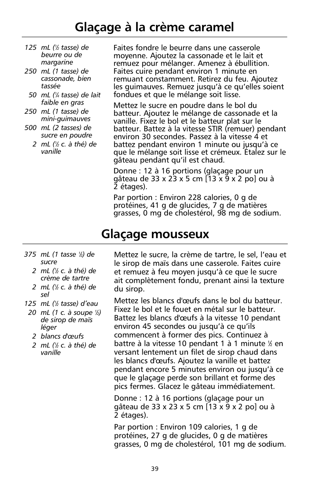 KitchenAid 9708308B manual Glaçage à la crème caramel, Glaçage mousseux 