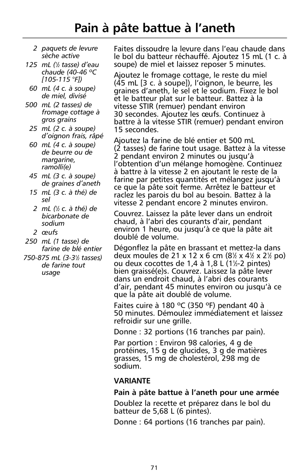 KitchenAid 9708308B manual Pain à pâte battue à l’aneth pour une armée 