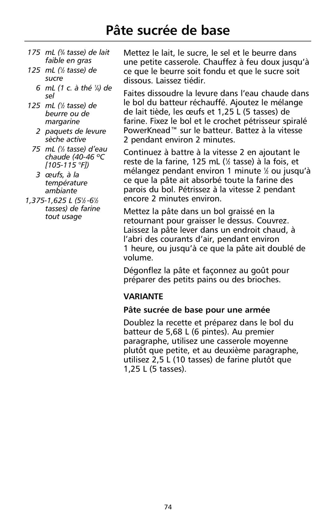 KitchenAid 9708308B manual Pâte sucrée de base pour une armée 