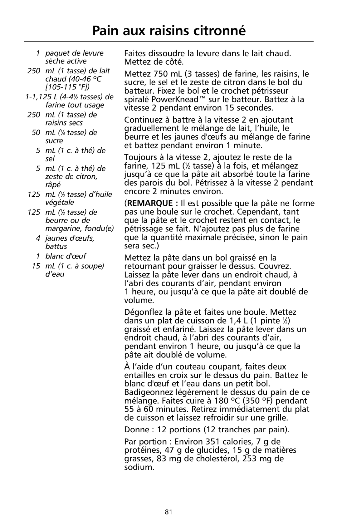 KitchenAid 9708308B manual Pain aux raisins citronné 