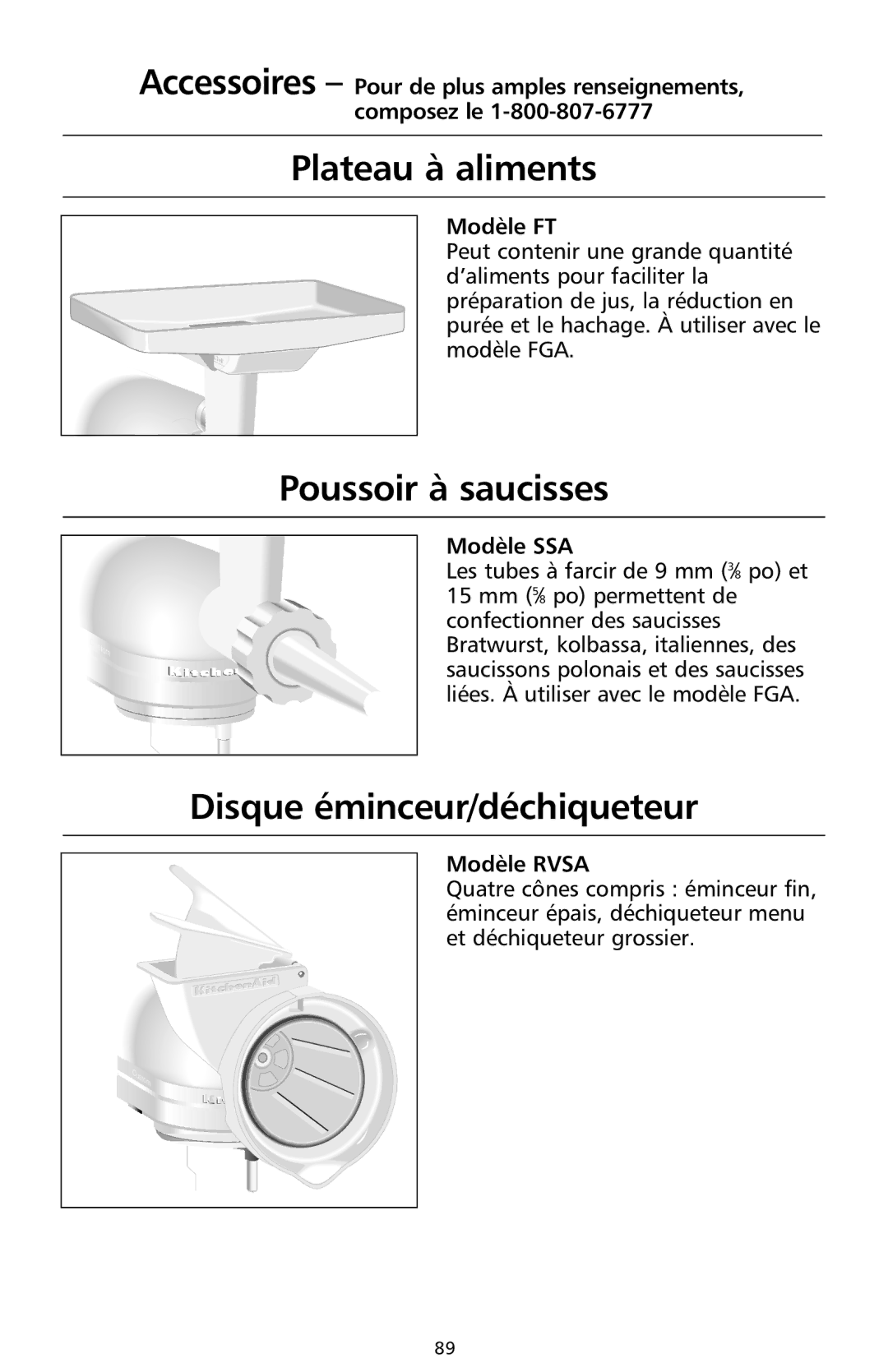 KitchenAid 9708308B manual Plateau à aliments, Poussoir à saucisses, Disque éminceur/déchiqueteur 