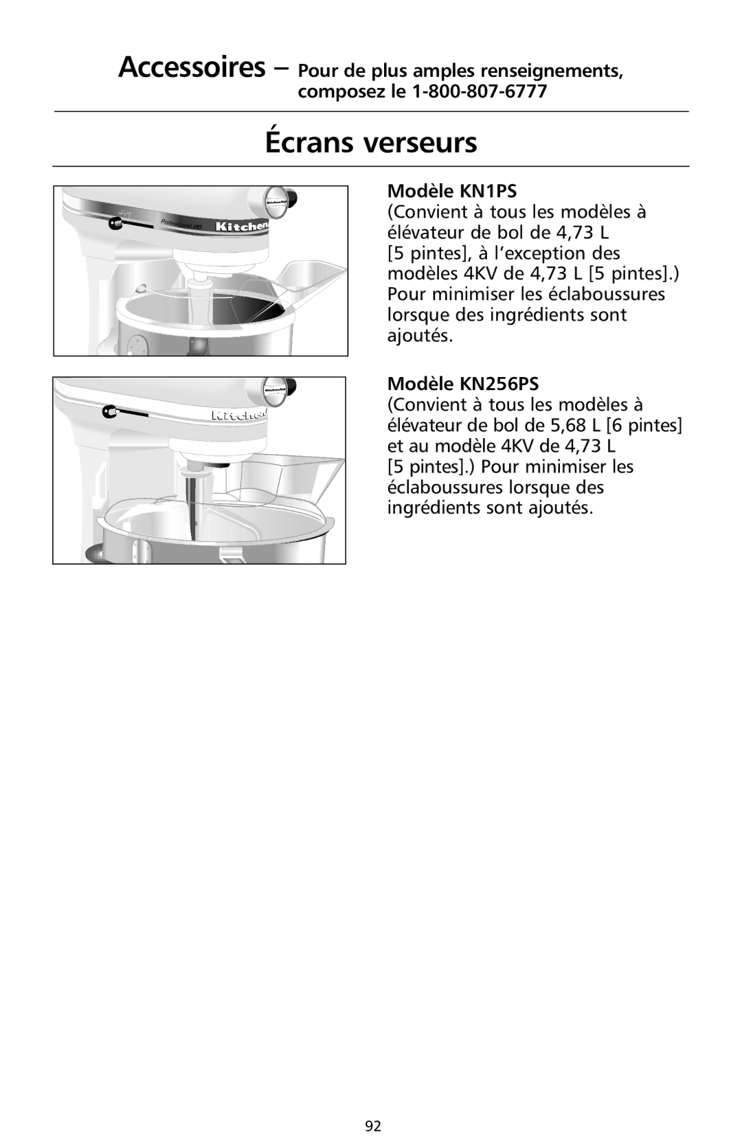 KitchenAid 9708308B manual Écrans verseurs, Modèle KN1PS, Modèle KN256PS 