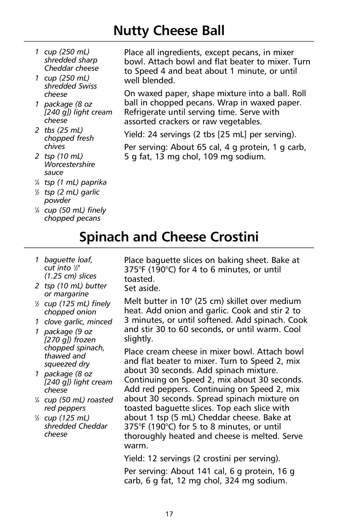 KitchenAid 9708308B manual Nutty Cheese Ball, Spinach and Cheese Crostini 