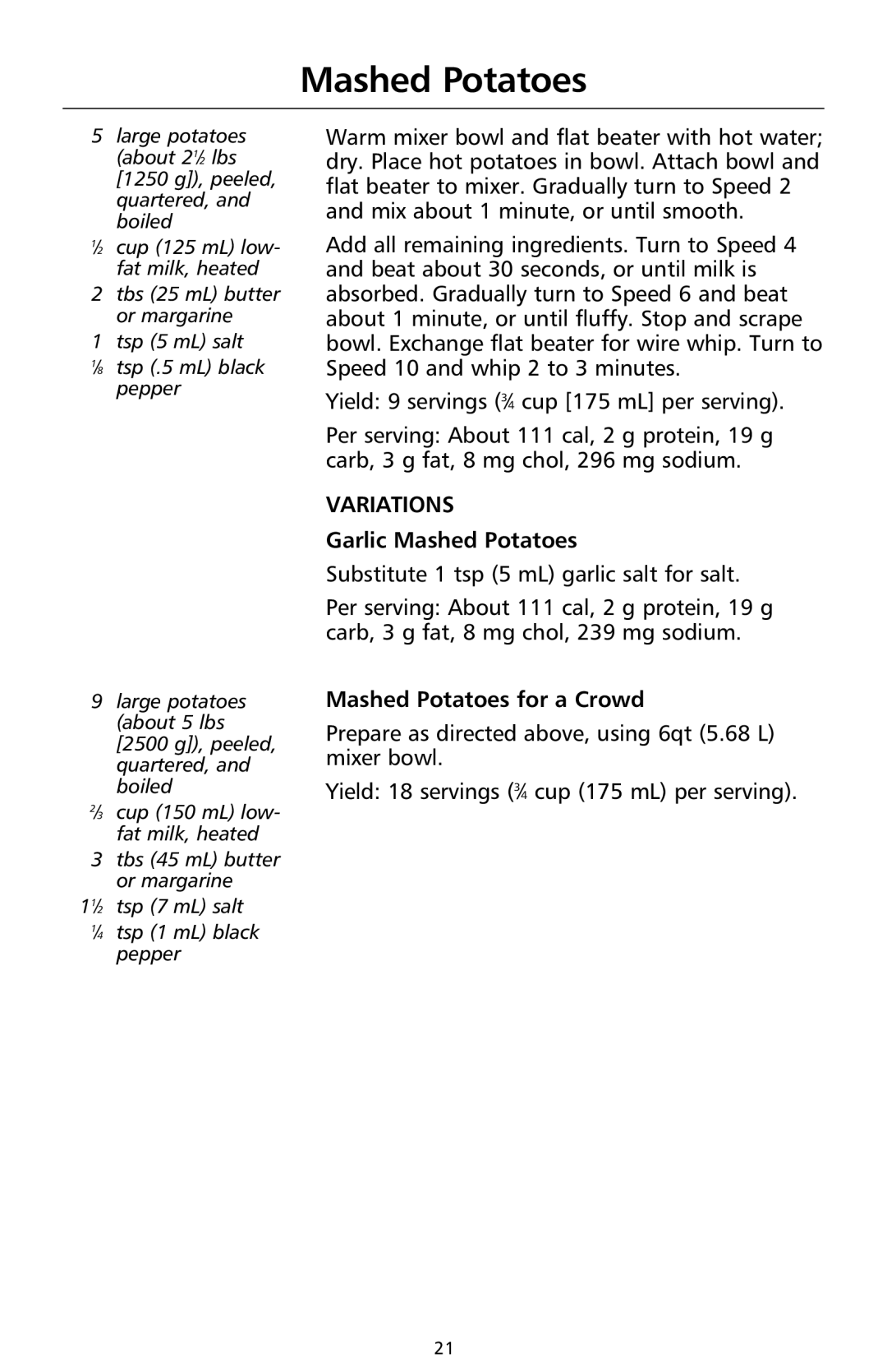 KitchenAid 9708308B manual Variations, Garlic Mashed Potatoes, Mashed Potatoes for a Crowd 