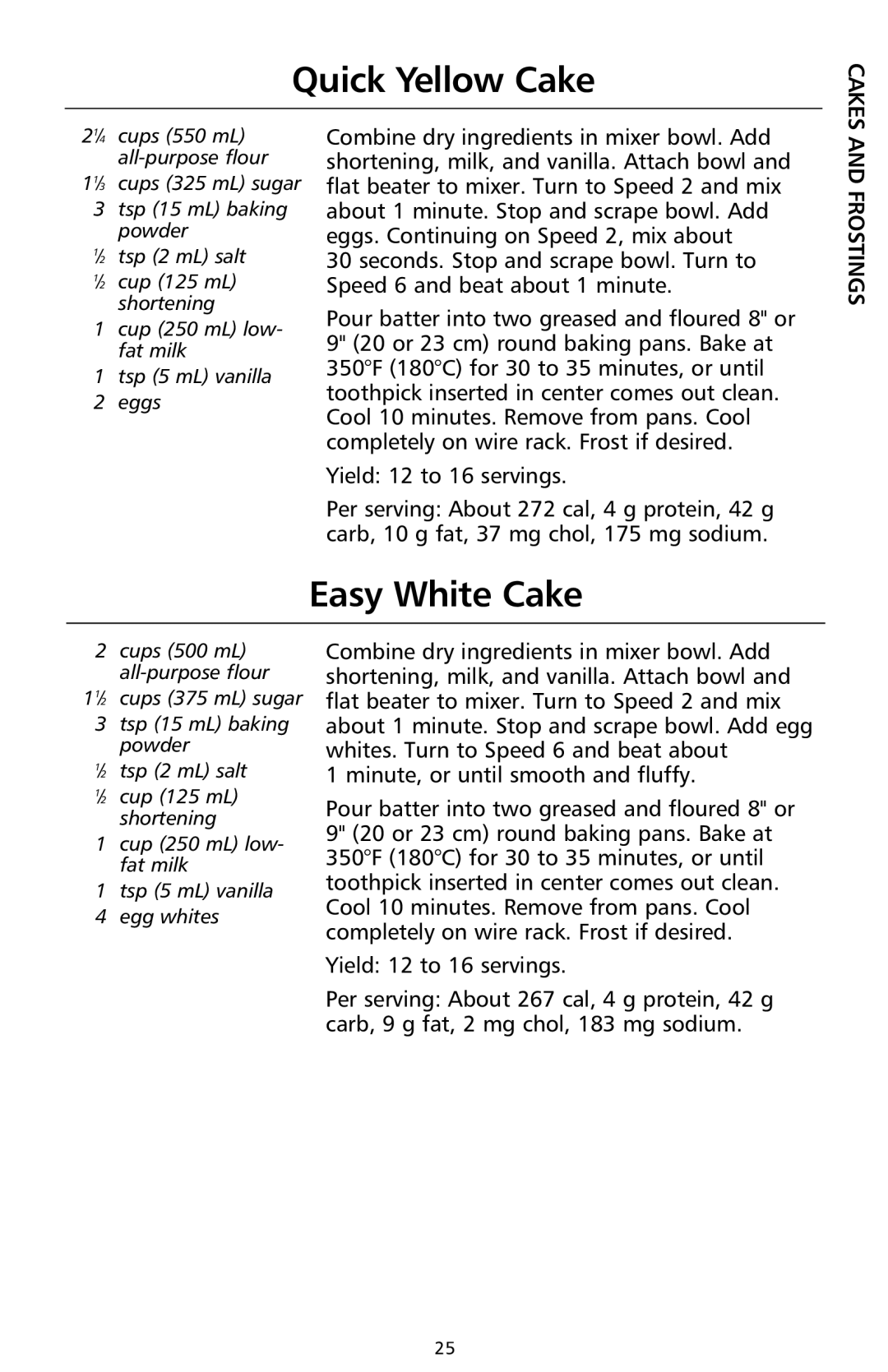 KitchenAid 9708308B manual Quick Yellow Cake, Easy White Cake, Frostings 