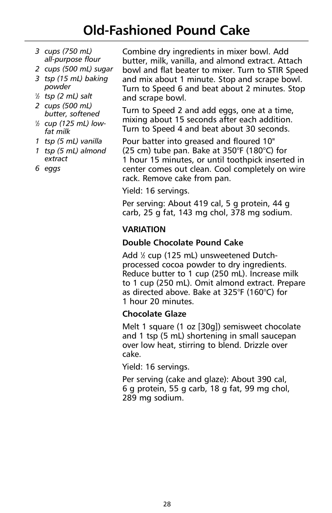 KitchenAid 9708308B manual Old-Fashioned Pound Cake, Double Chocolate Pound Cake, Chocolate Glaze 