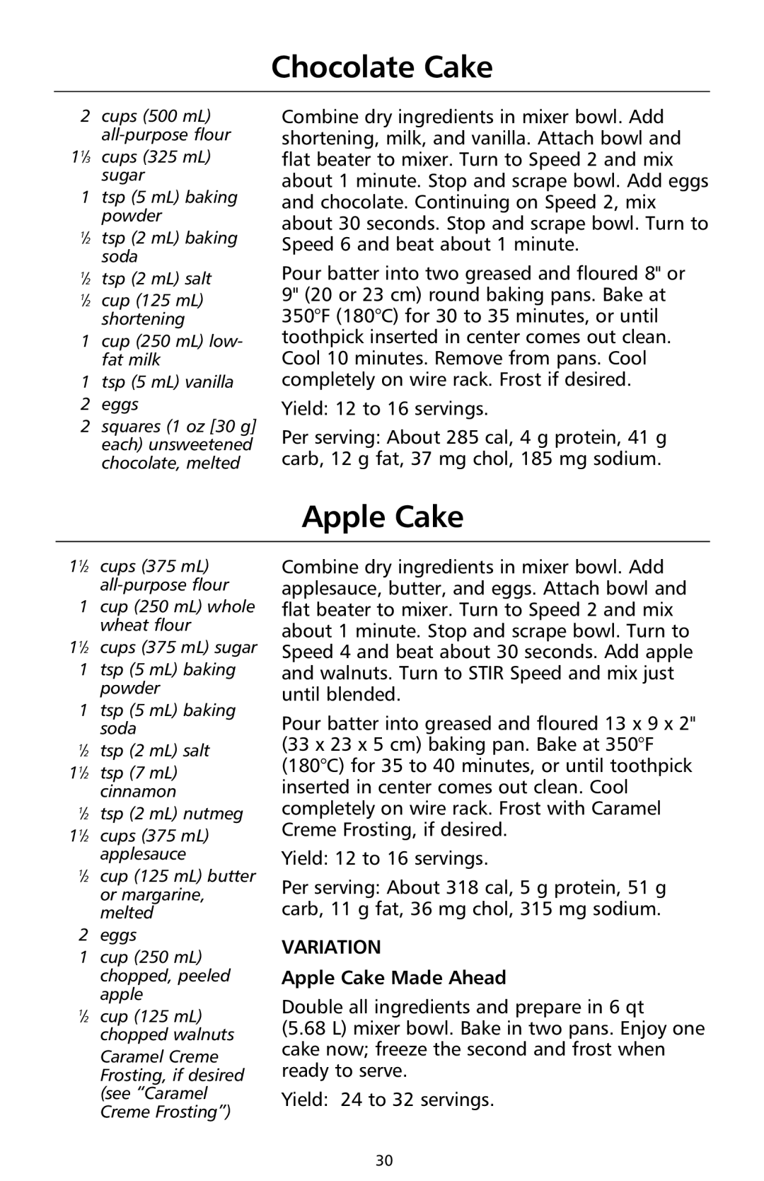 KitchenAid 9708308B manual Chocolate Cake, Apple Cake Made Ahead 