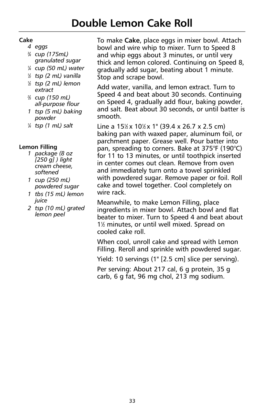 KitchenAid 9708308B manual Double Lemon Cake Roll, Lemon Filling 