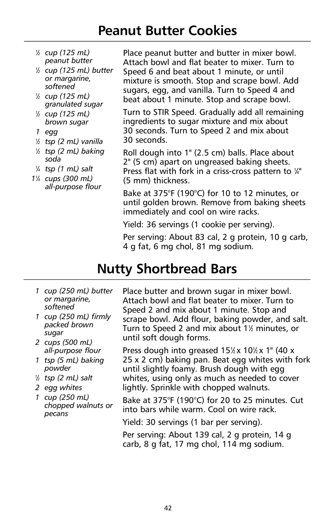 KitchenAid 9708308B manual Peanut Butter Cookies, Nutty Shortbread Bars 