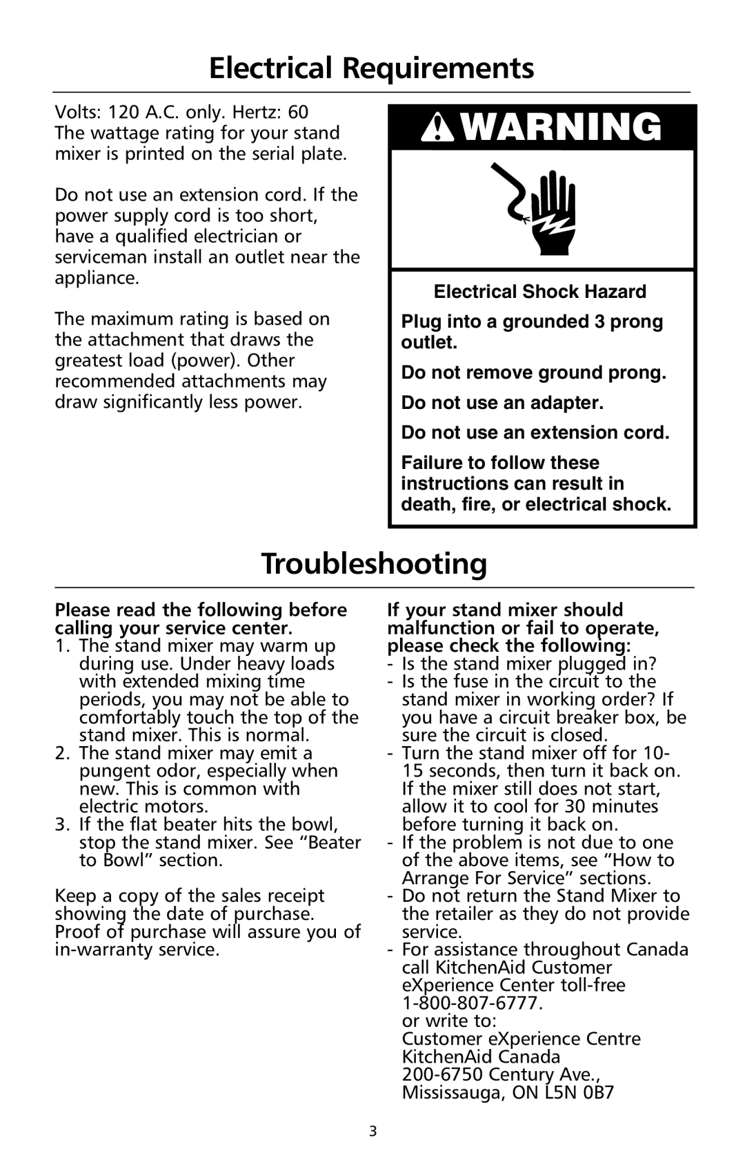 KitchenAid 9708308B manual Electrical Requirements, Troubleshooting 