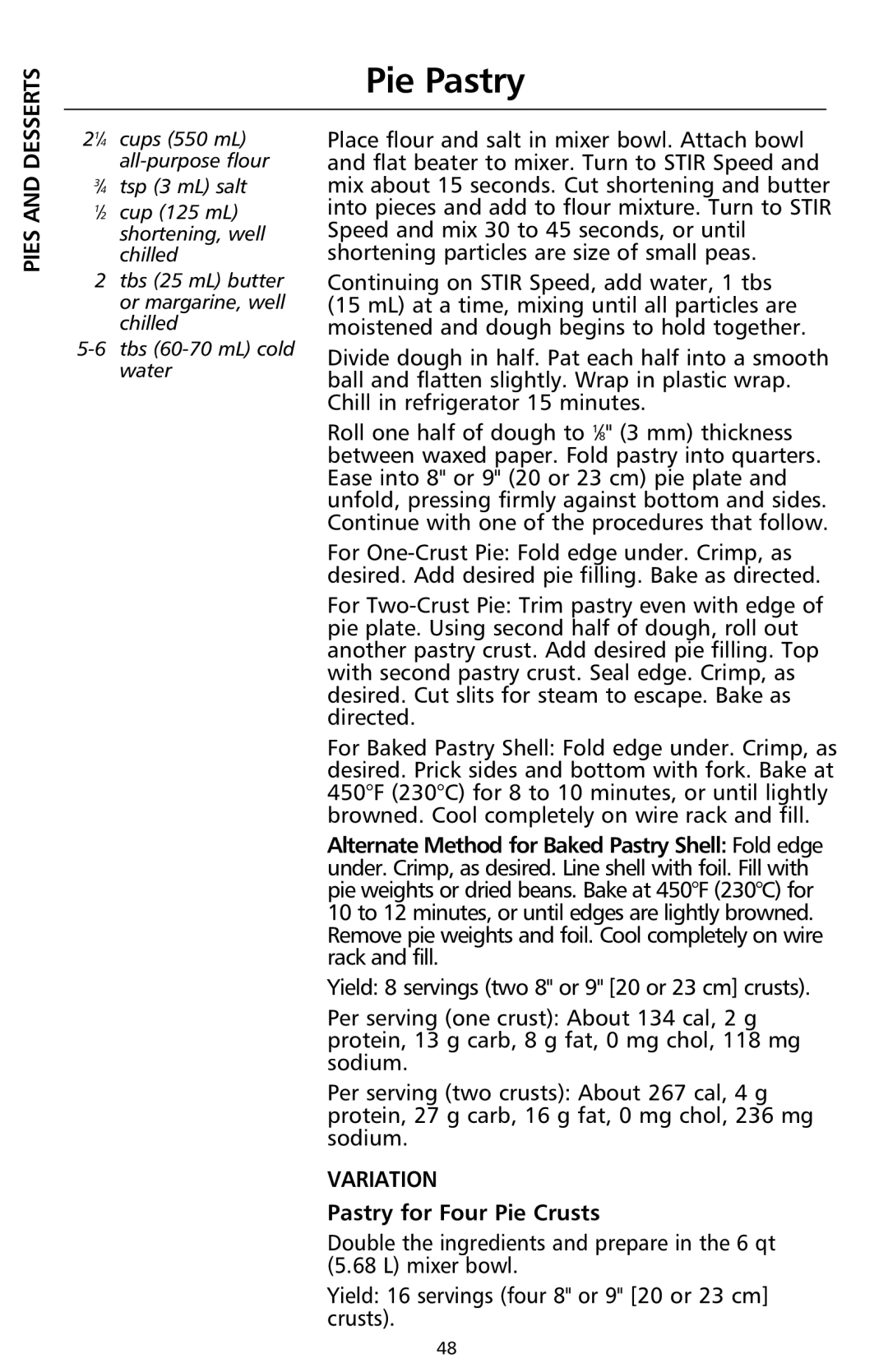 KitchenAid 9708308B manual Pie Pastry, Desserts, Pies, Pastry for Four Pie Crusts 