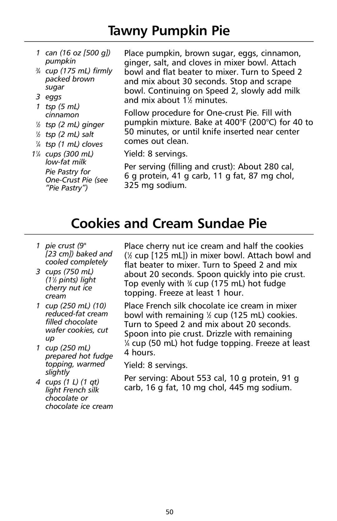 KitchenAid 9708308B manual Tawny Pumpkin Pie, Cookies and Cream Sundae Pie 