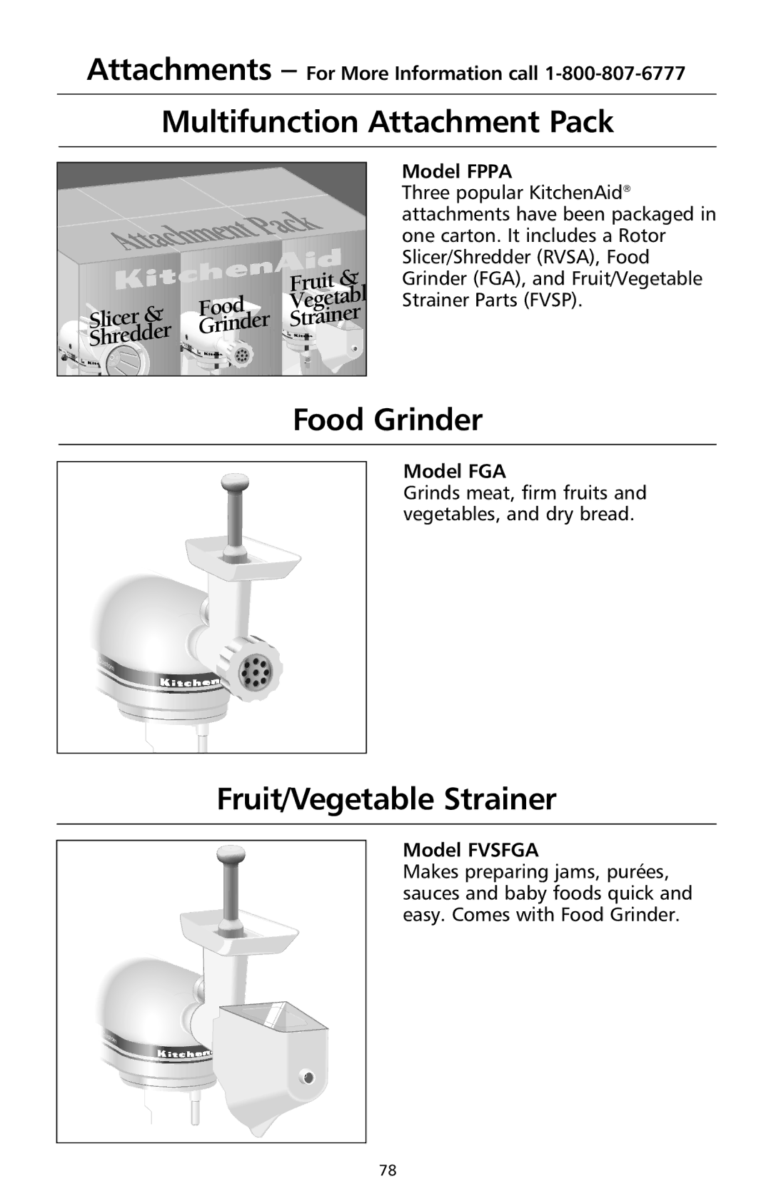 KitchenAid 9708308B manual Multifunction Attachment Pack, Food Grinder, Fruit/Vegetable Strainer 