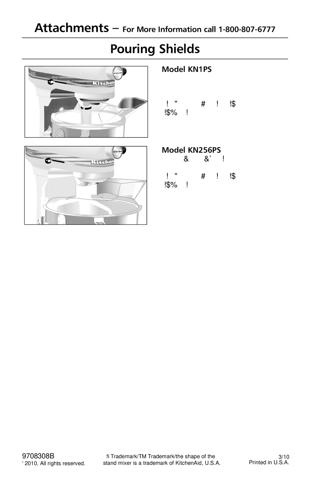 KitchenAid 9708308B manual Pouring Shields, Model KN1PS, Model KN256PS 