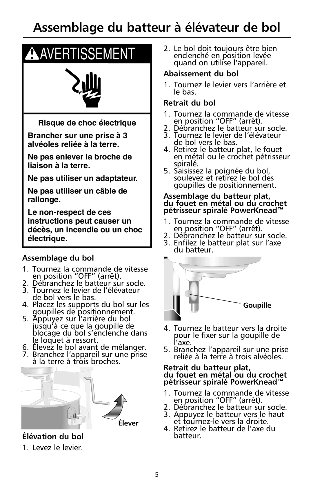 KitchenAid 9708308B manual Assemblage du batteur à élévateur de bol, Élévation du bol, Abaissement du bol, Retrait du bol 