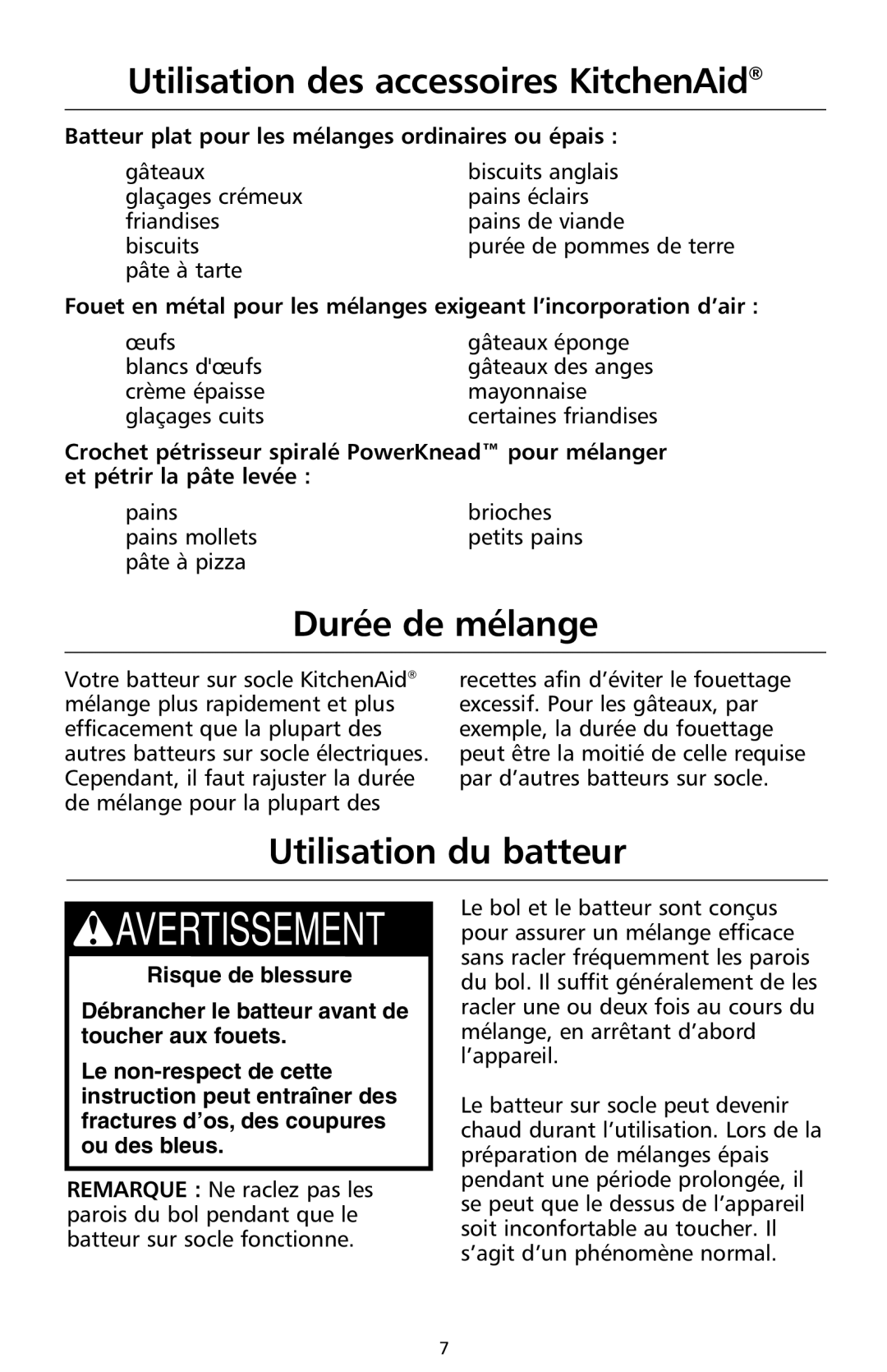 KitchenAid 9708308B manual Utilisation des accessoires KitchenAid, Durée de mélange, Utilisation du batteur 