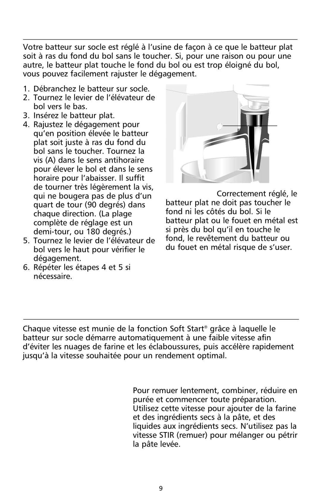 KitchenAid 9708308B manual Dégagement entre le batteur et le bol, Guide de réglage de la vitesse Du batteur 10 vitesses 