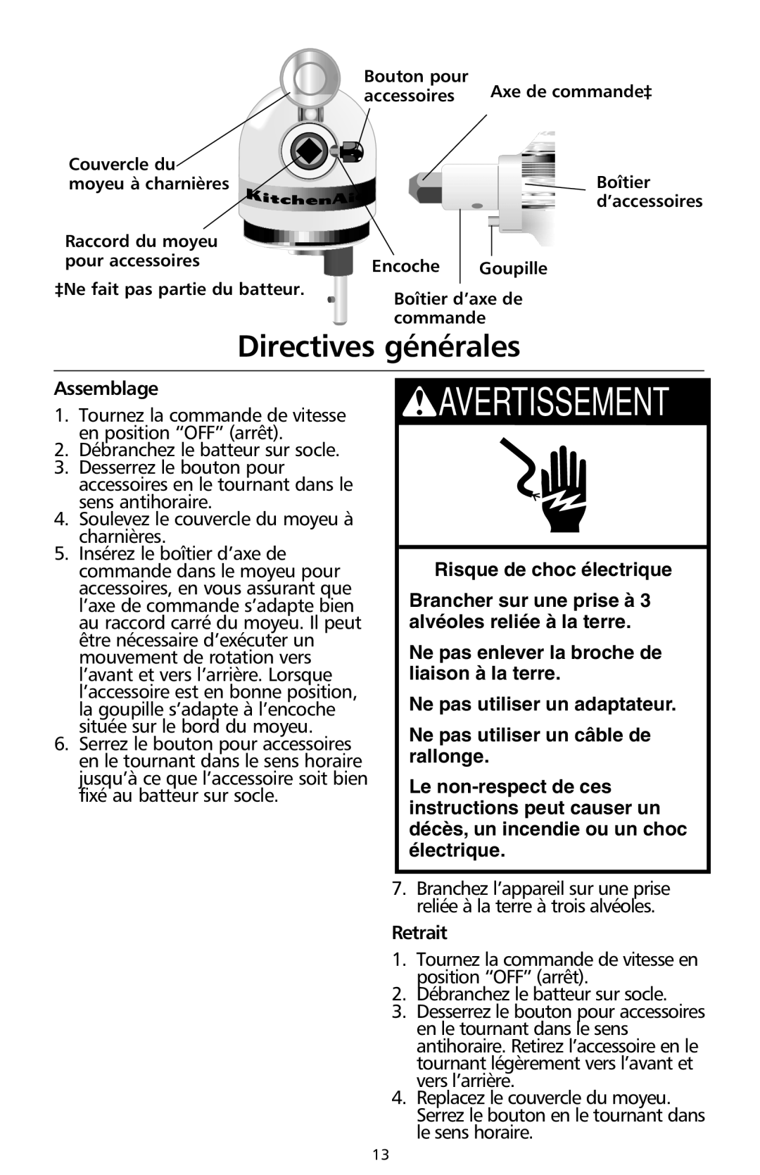 KitchenAid 9708308B manual Directives générales, Assemblage, Retrait, Accessoires 