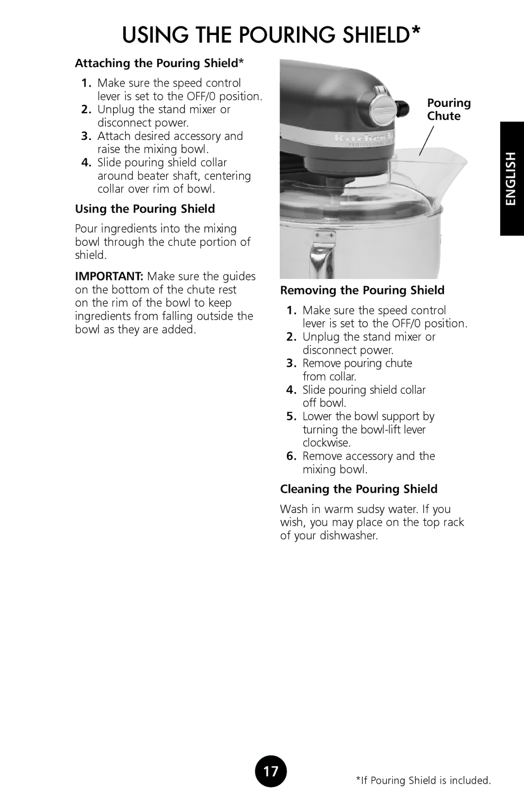 KitchenAid 9709962C Using the Pouring Shield, Attaching the Pouring Shield, Pouring Chute Removing the Pouring Shield 