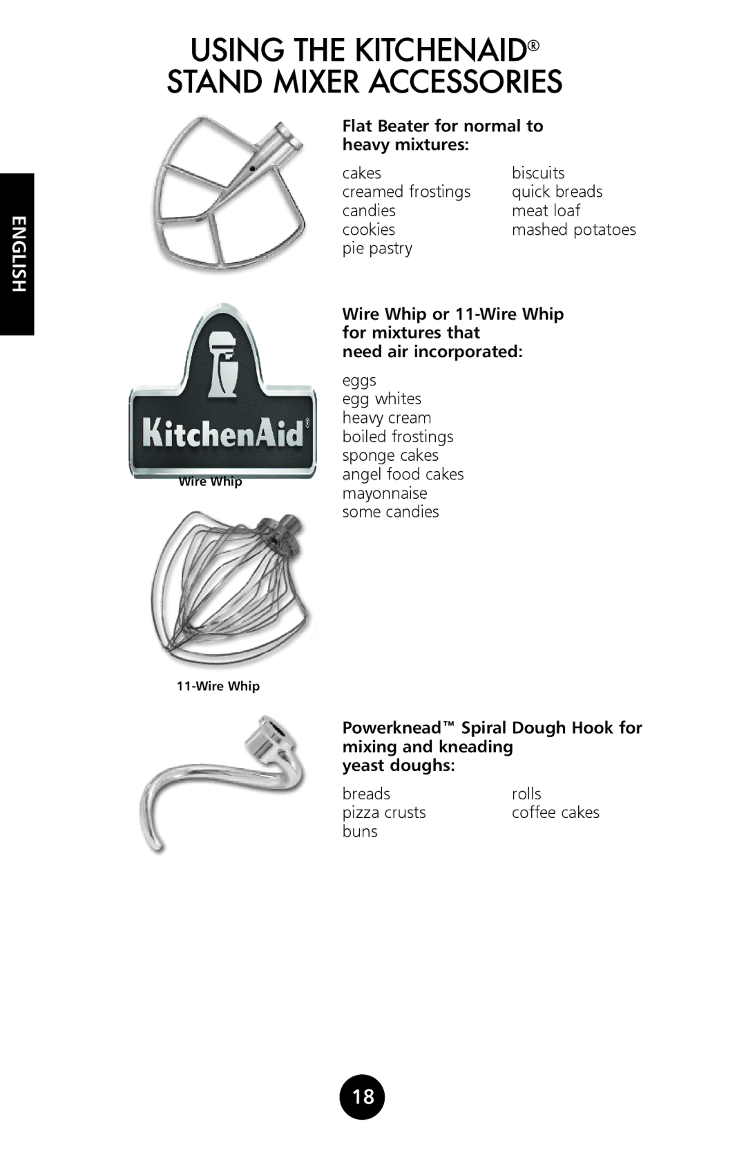 KitchenAid 9709962C manual Using the Kitchenaid Stand Mixer Accessories, Flat Beater for normal to heavy mixtures 