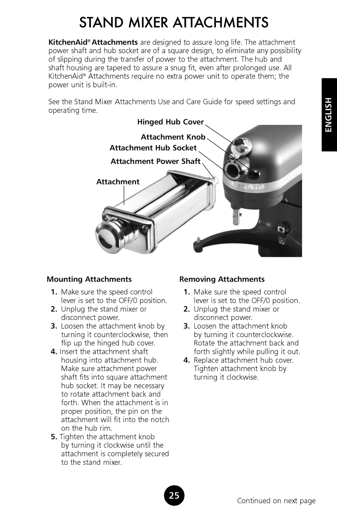 KitchenAid 9709962C manual Stand Mixer Attachments, Mounting Attachments, Removing Attachments 