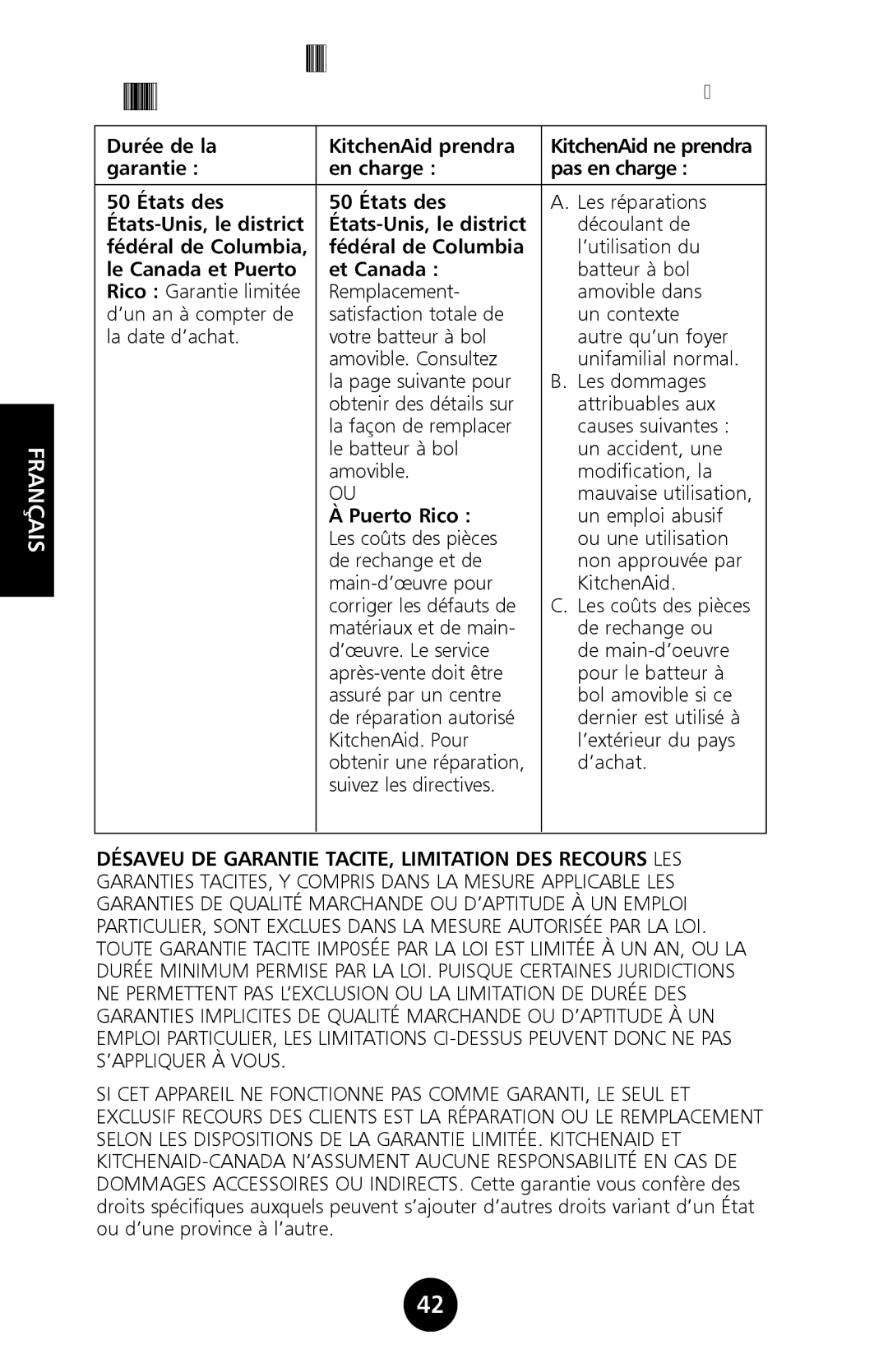 KitchenAid 9709962C manual Garantie DU Batteur SUR Socle Kitchenaid, États-Unis, le district, Fédéral de Columbia 