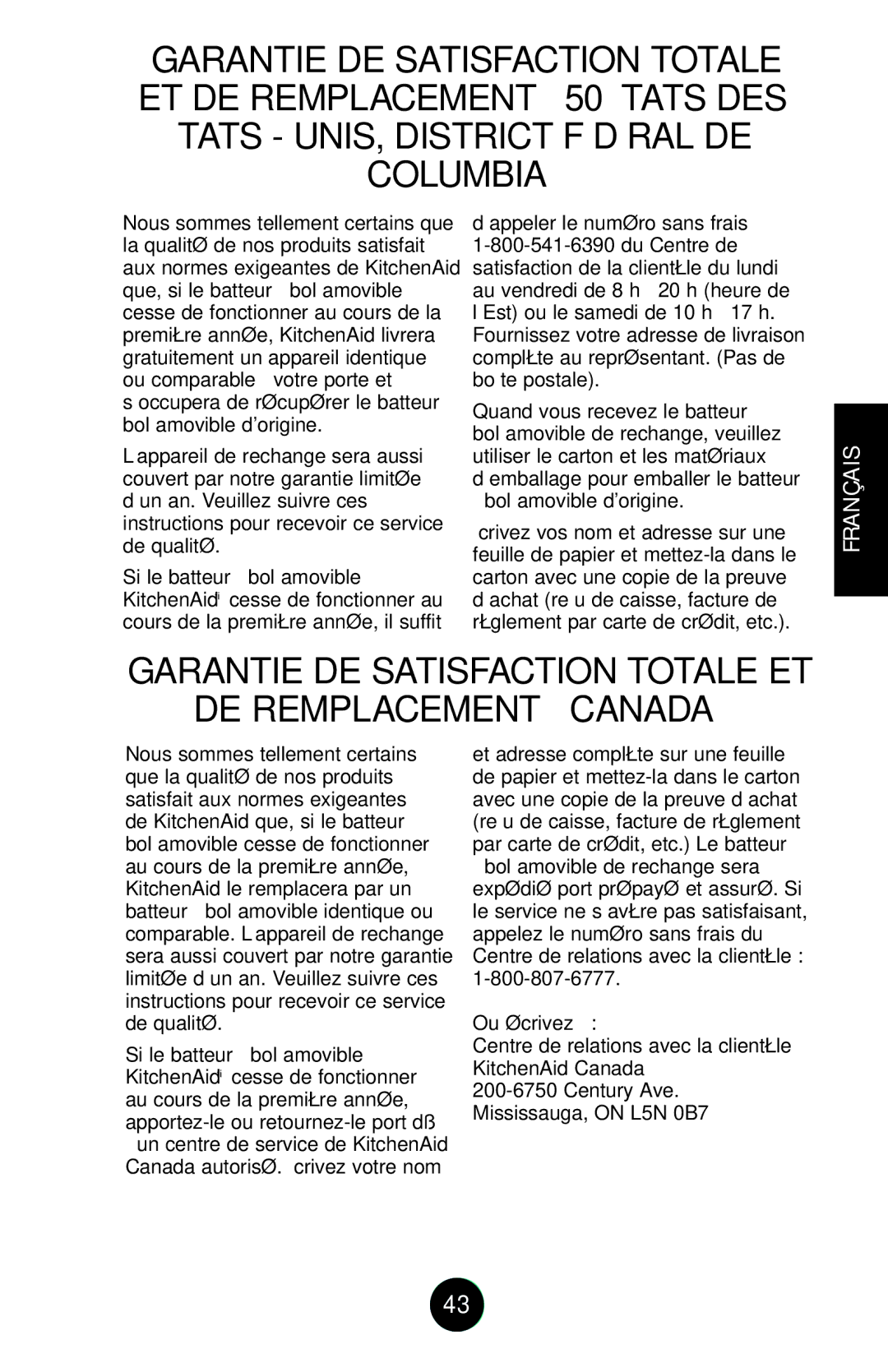 KitchenAid 9709962C manual Garantie DE Satisfaction Totale ET DE Remplacement Canada, ’appeler le numéro sans frais 