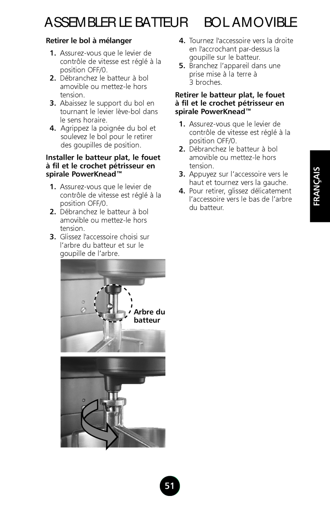 KitchenAid 9709962C manual Retirer le bol à mélanger, Arbre du batteur 