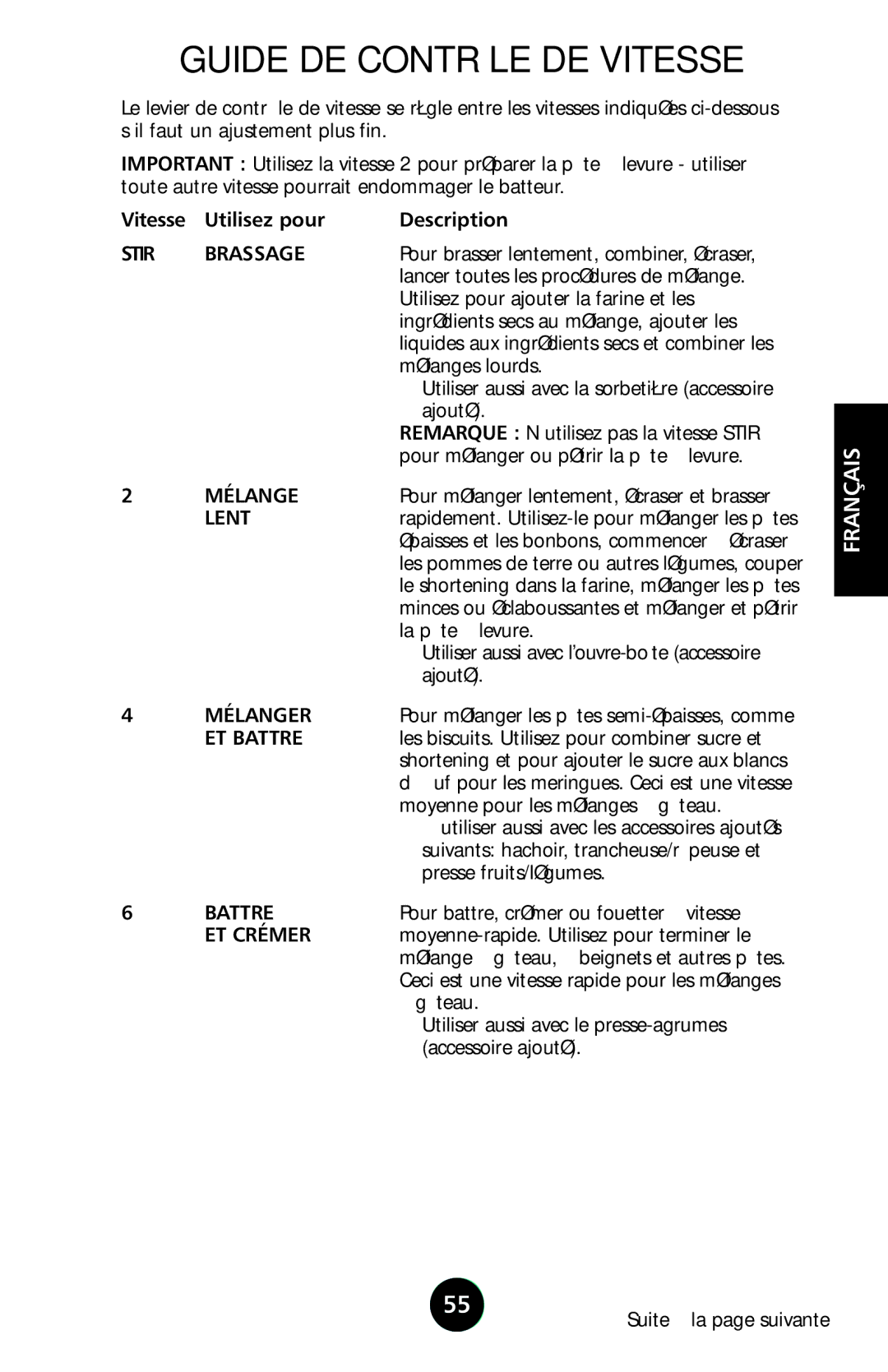 KitchenAid 9709962C manual Guide DE Contrôle DE Vitesse 