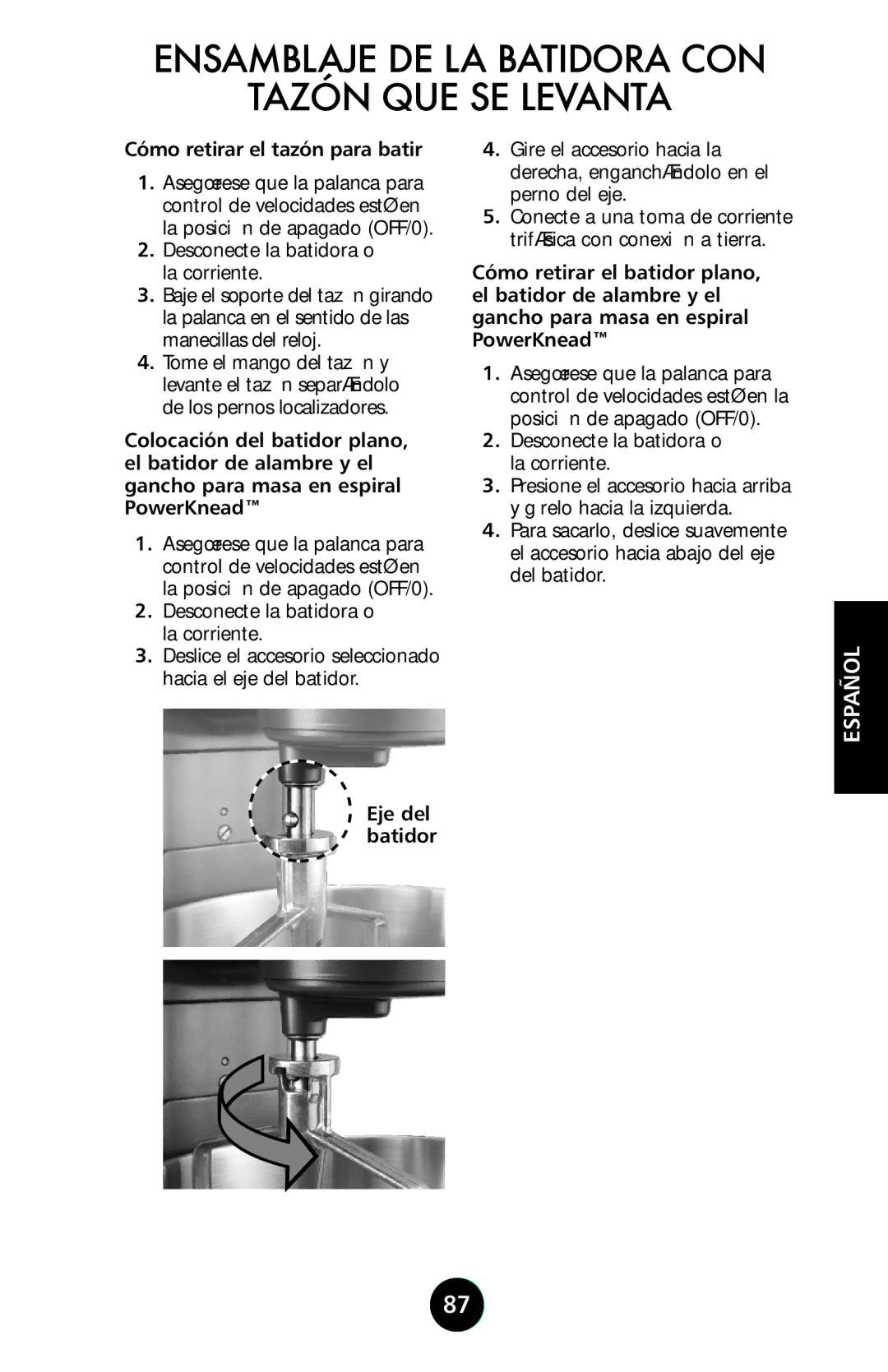 KitchenAid 9709962C manual Cómo retirar el tazón para batir, Eje del batidor 