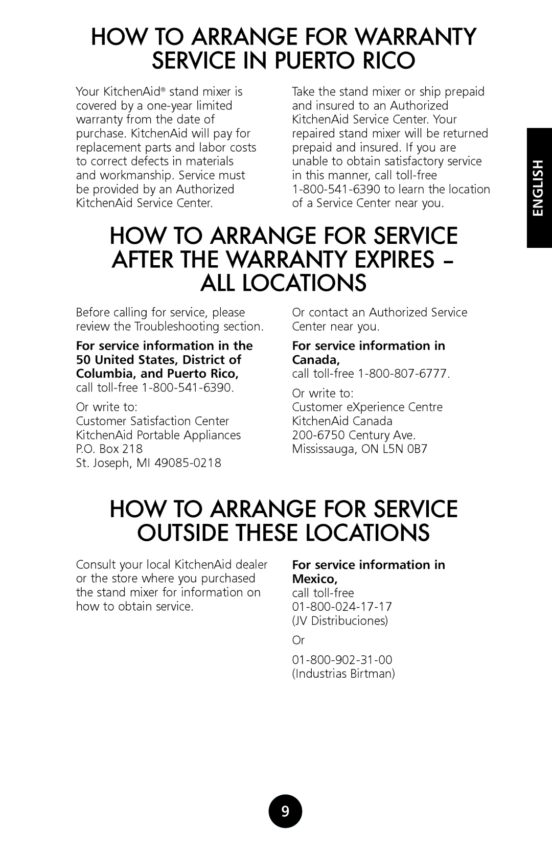 KitchenAid 9709962C HOW to Arrange for Warranty Service in Puerto Rico, HOW to Arrange for Service Outside These Locations 