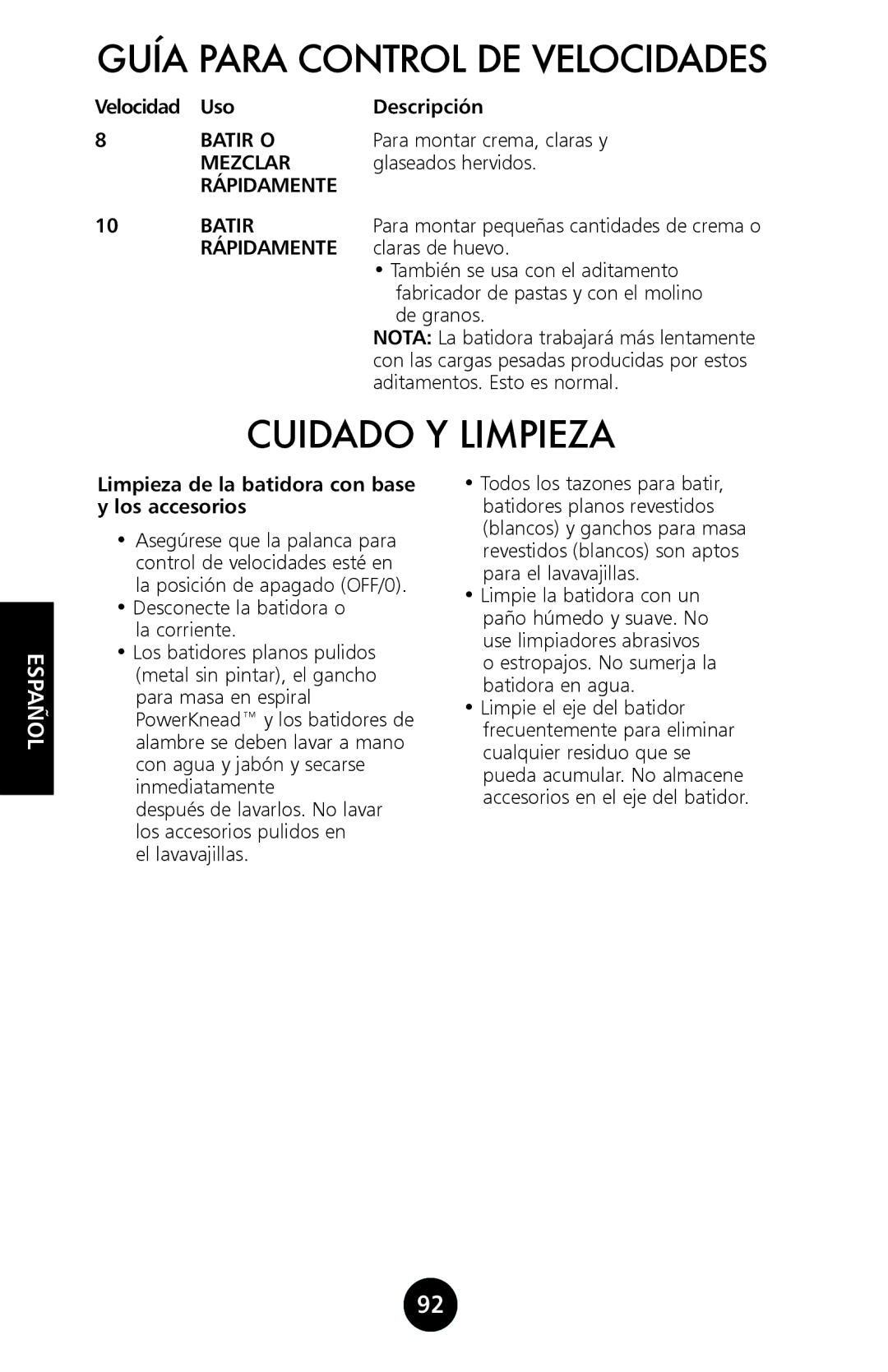 KitchenAid 9709962C manual Cuidado Y Limpieza, Batir O, Mezclar, Rápidamente Batir 