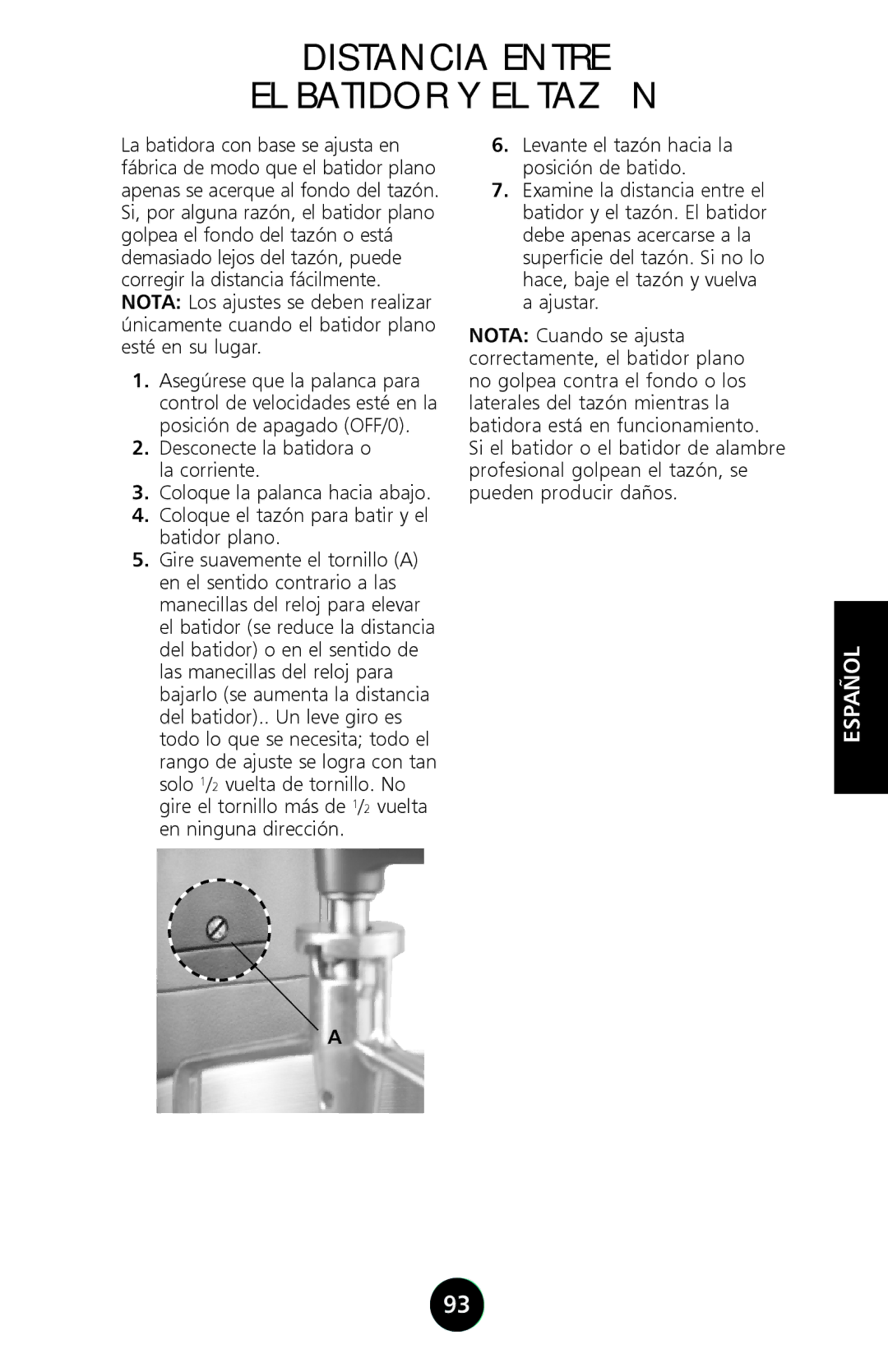 KitchenAid 9709962C manual Distancia Entre EL Batidor Y EL Tazón, Levante el tazón hacia la posición de batido 