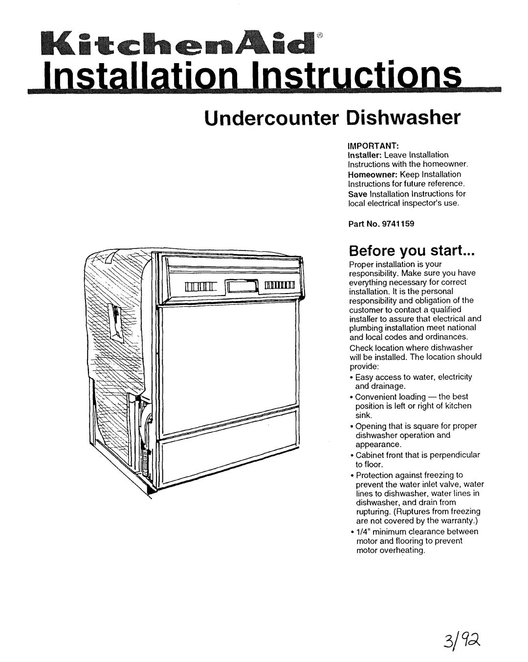 KitchenAid 9741159 installation instructions Before you start, Undercounter Dishwasher 