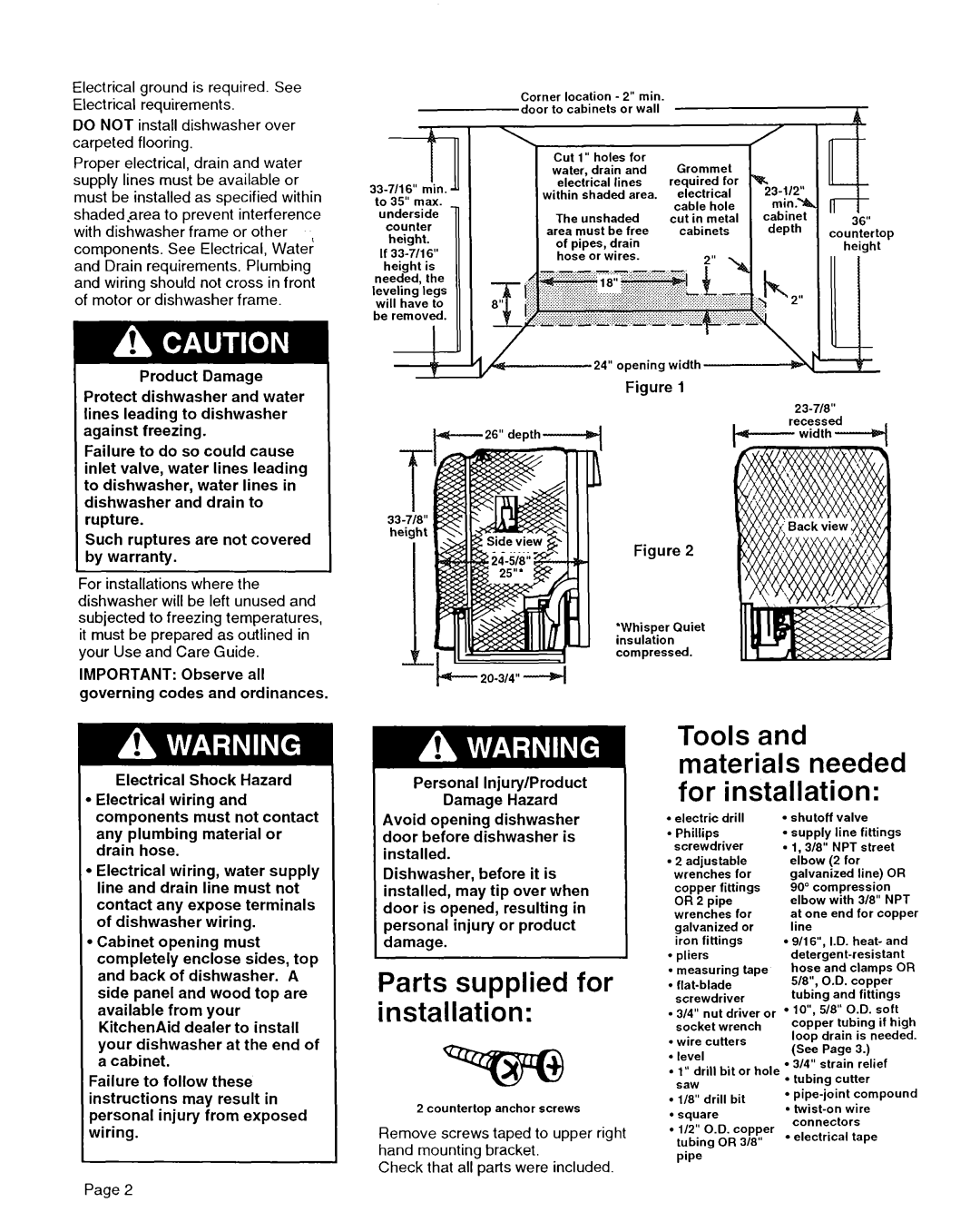 KitchenAid 9741159 installation instructions Parts supplied for installation, Tools and materials needed for installation 
