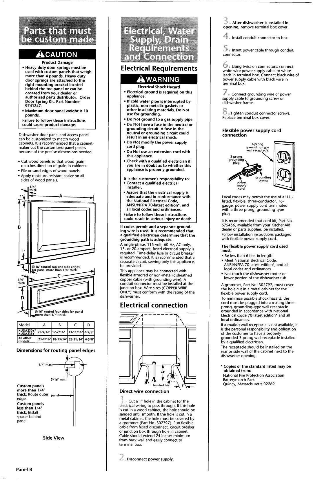 KitchenAid 9741183 Electrical Requirements, Dimensions for routing panel edges, I ‘, Direct wire connection, Panel B 