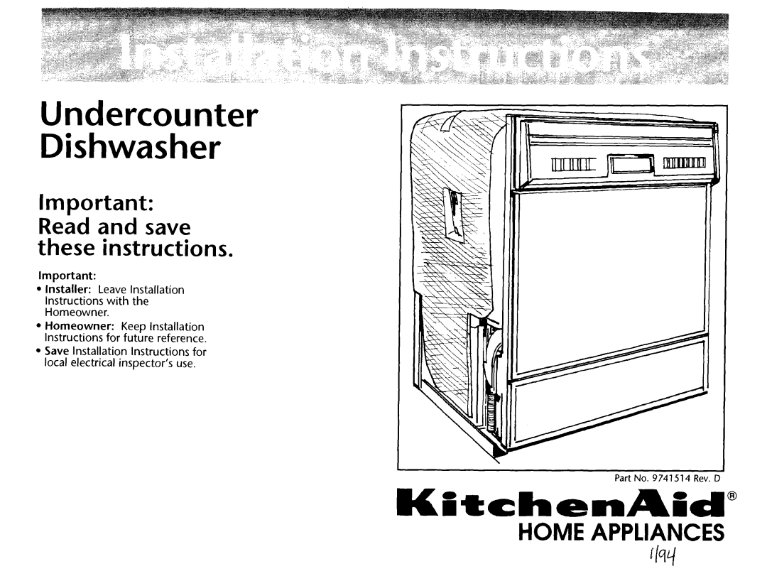 KitchenAid 97415 14 installation instructions l Installer Leave Installation Instructions with the Homeowner 
