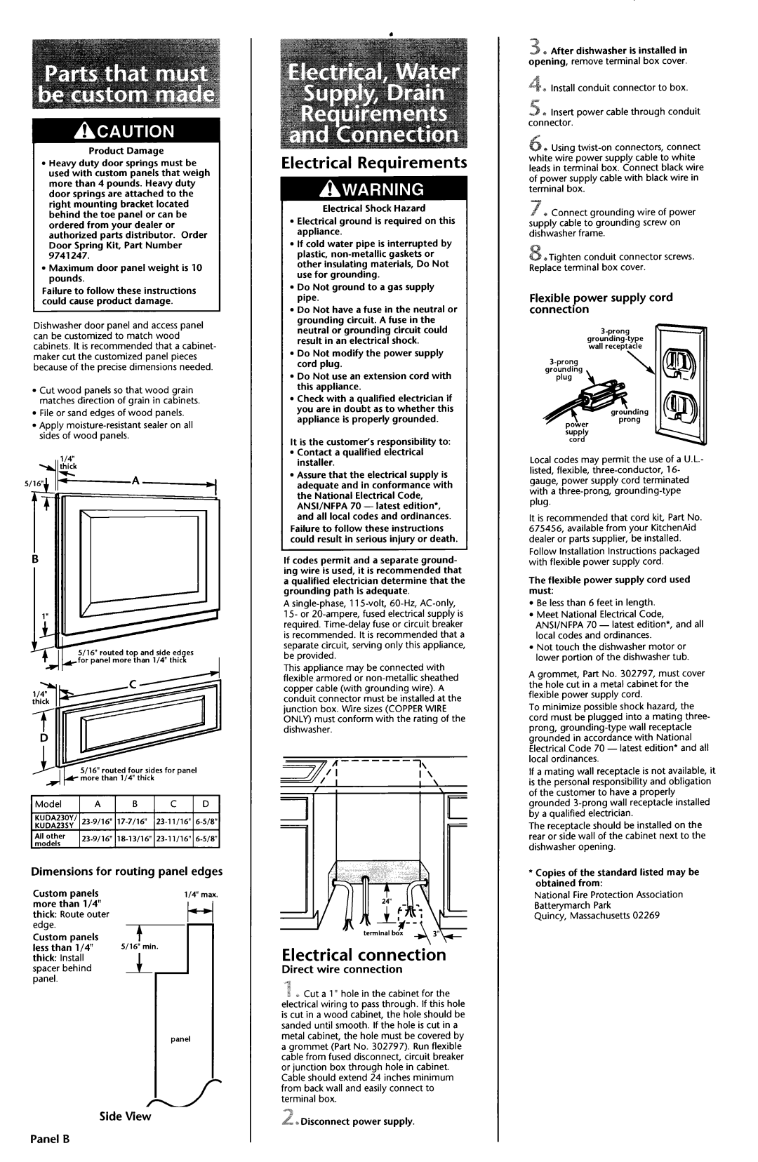 KitchenAid 97415 14 Electrical Requirements, Electrical connection, Dimensions for routing panel edges, Side View, Panel B 