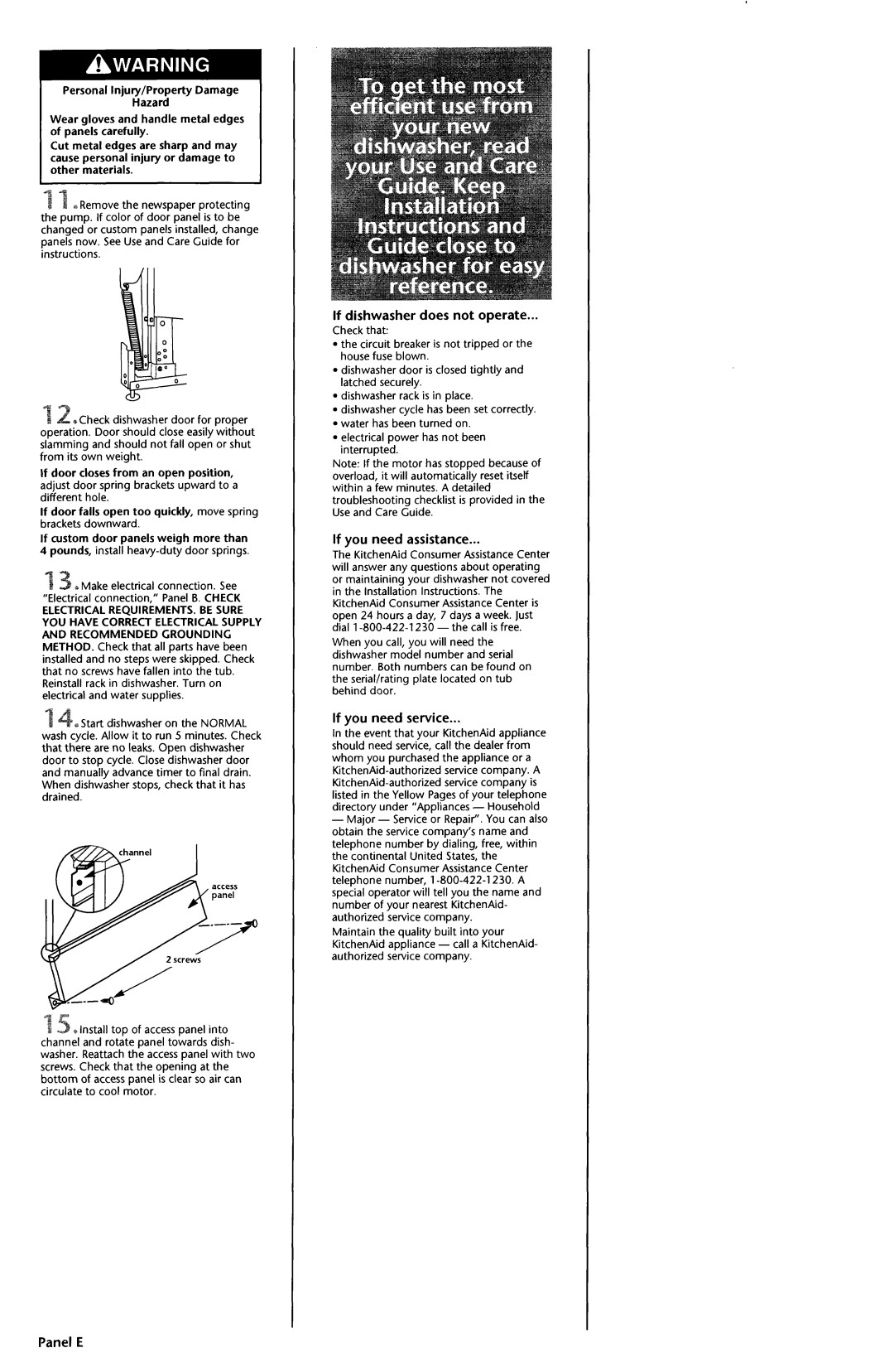KitchenAid 97415 14 If dishwasher does not operate, If you need assistance, If you need service, Panel E 
