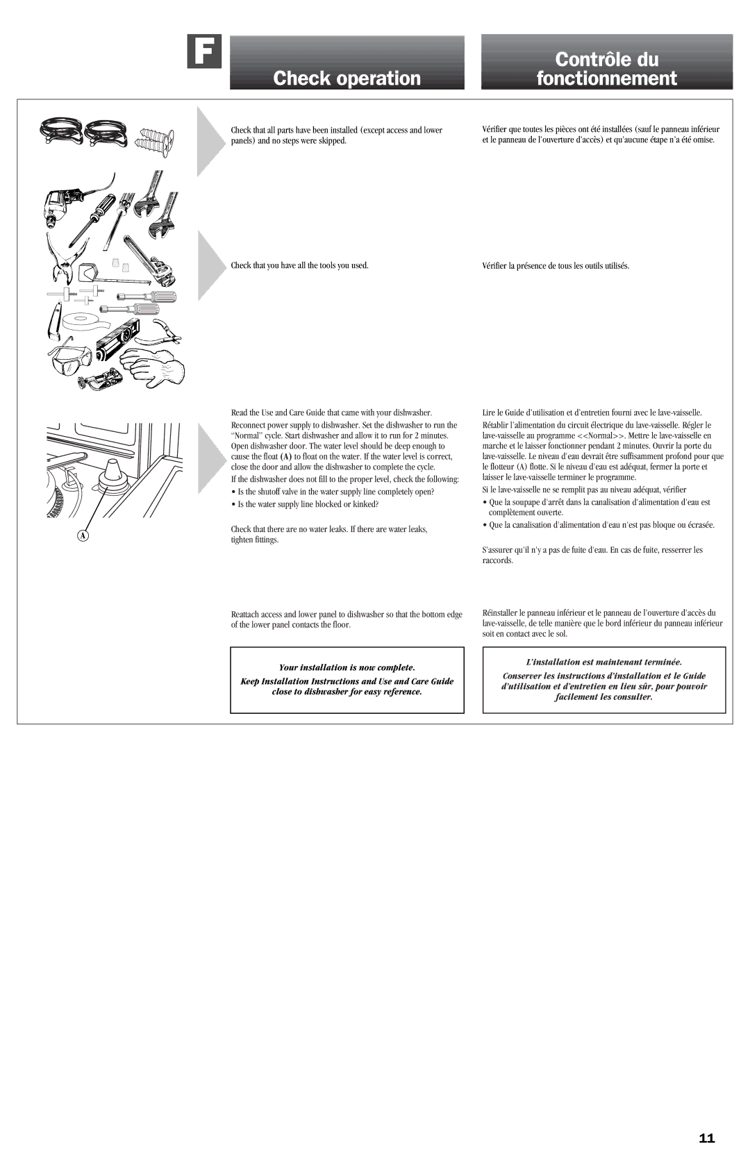 KitchenAid 9743822 dimensions Check operation, Contrôle du, Fonctionnement, Tighten fittings 