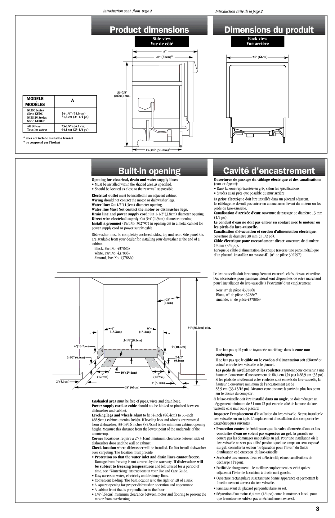 KitchenAid 9743822 Product dimensions, Dimensions du produit, Built-in opening, Cavité d’encastrement 