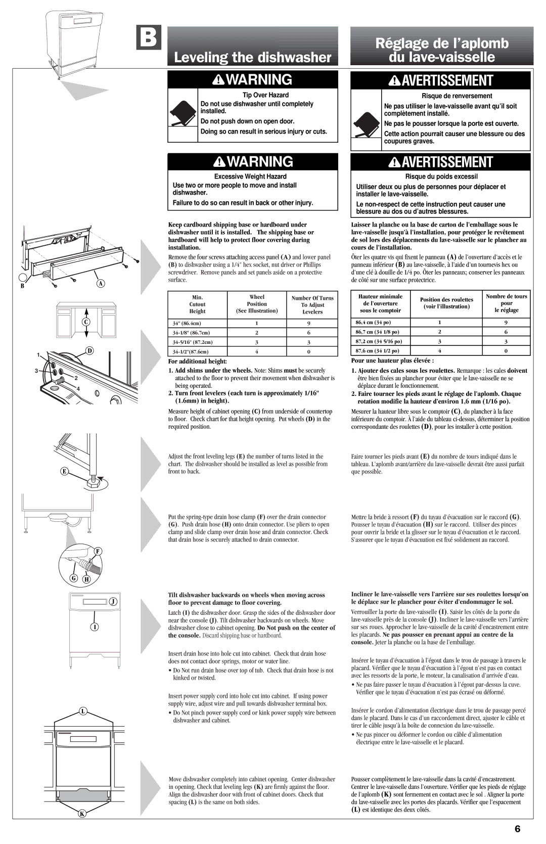 KitchenAid 9743822 dimensions Leveling the dishwasher, Réglage de l’aplomb, Du lave-vaisselle 